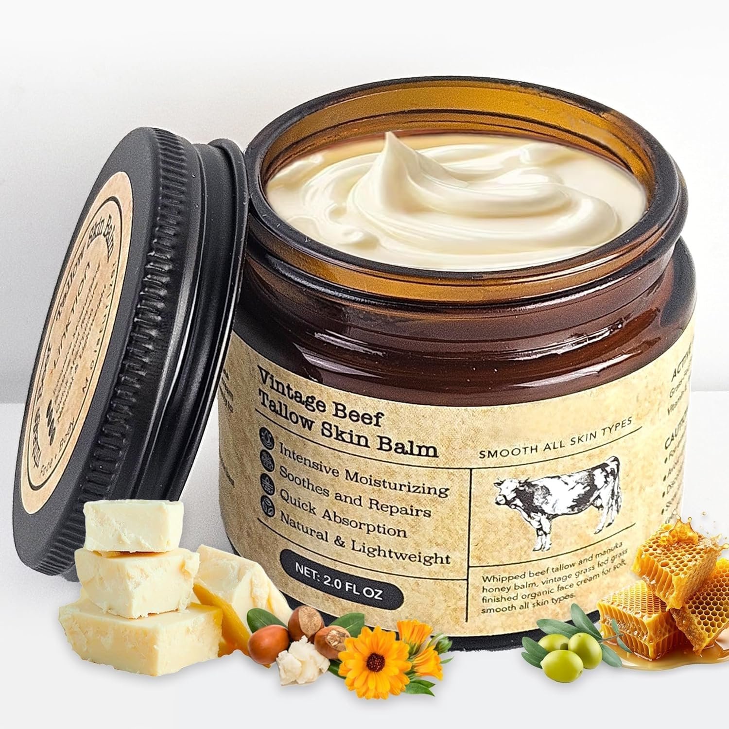 Beef Tallow Honey Balm for Sensitive Skin: Grass-Fed Whipped Tallow Moisturizer with Manuka Honey, Olive Oil, Jojoba Oil & Vitamin E, Non-Greasy Face and Body Cream for Daily Moisture, 2 oz