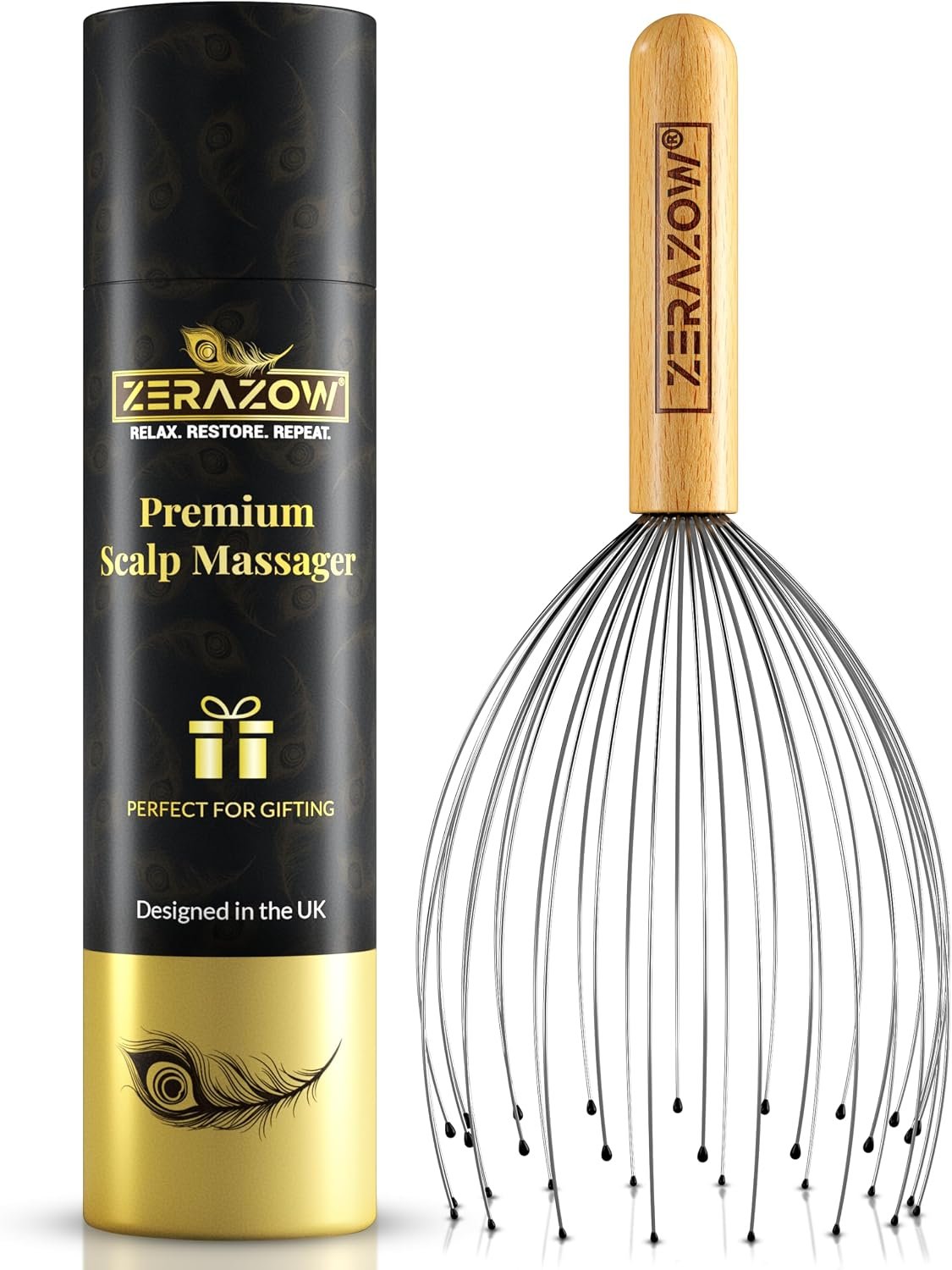 ZERAZOW® Scalp Massager with 32-Prong, Head Massager Scalp Massage Tool for Relaxation, Beech Wood Head Scratcher, Scalp Scratcher for Head Massage, Scalp Stimulator, Fathers Day Gift for Men/Women