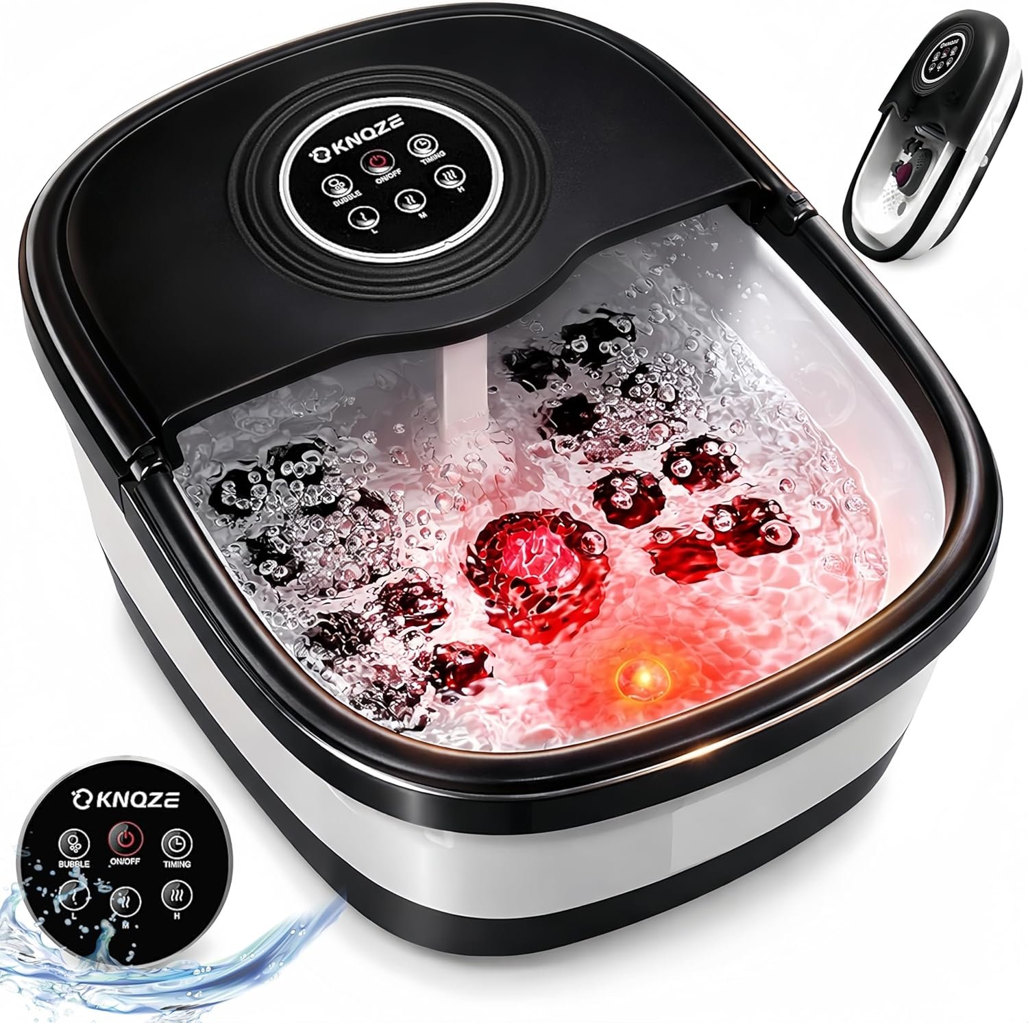 KNQZE Collapsible Foot Spa Bath with Heat & Remote Control, Bubble Massage, Temperature Control, Red Light, Timer, 16 Rollers & Pumice Stone for a Soothing Spa Experience