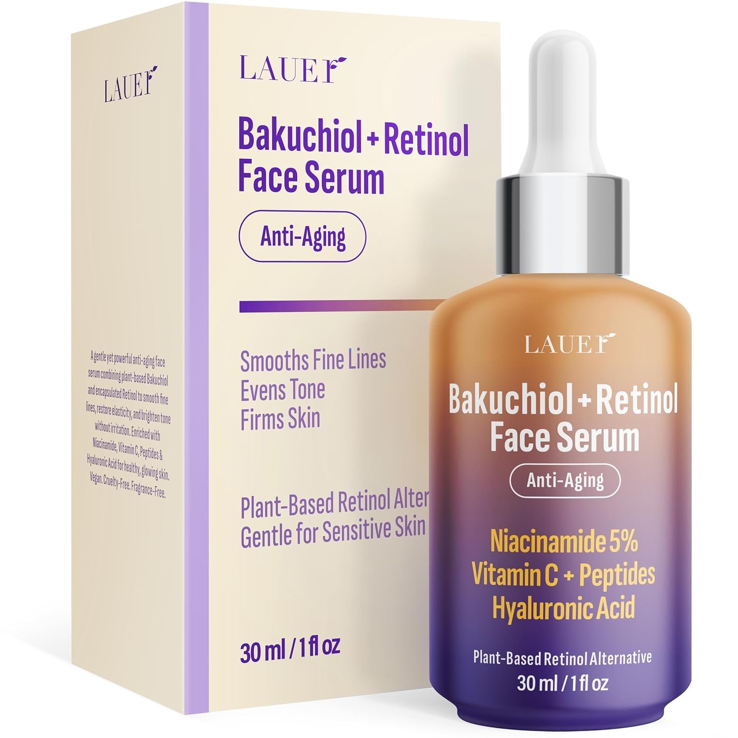 Bakuchiol Retinol Serum for Face with Vitamin C Hyaluronic Acid & Niacinamide Anti-Aging Plant-Based Serum Reduces Wrinkles Firms & Smooths Skin Vegan Fragrance-Free1 fl oz
