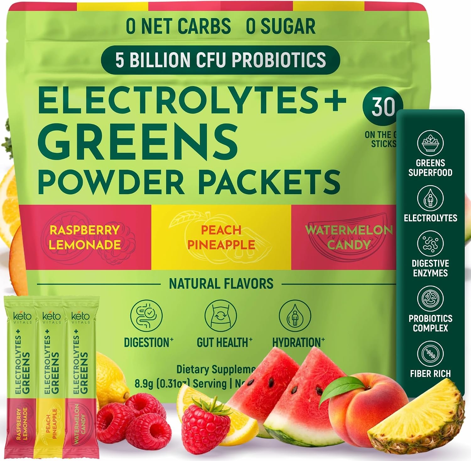 Keto Vitals Keto Electrolytes Plus Greens Superfood Powder Packets – 30 Servings Super Greens Powder Packets with Sugar Free Electrolytes for Hydration, Gut Health & Digestion – Green Drink Mix