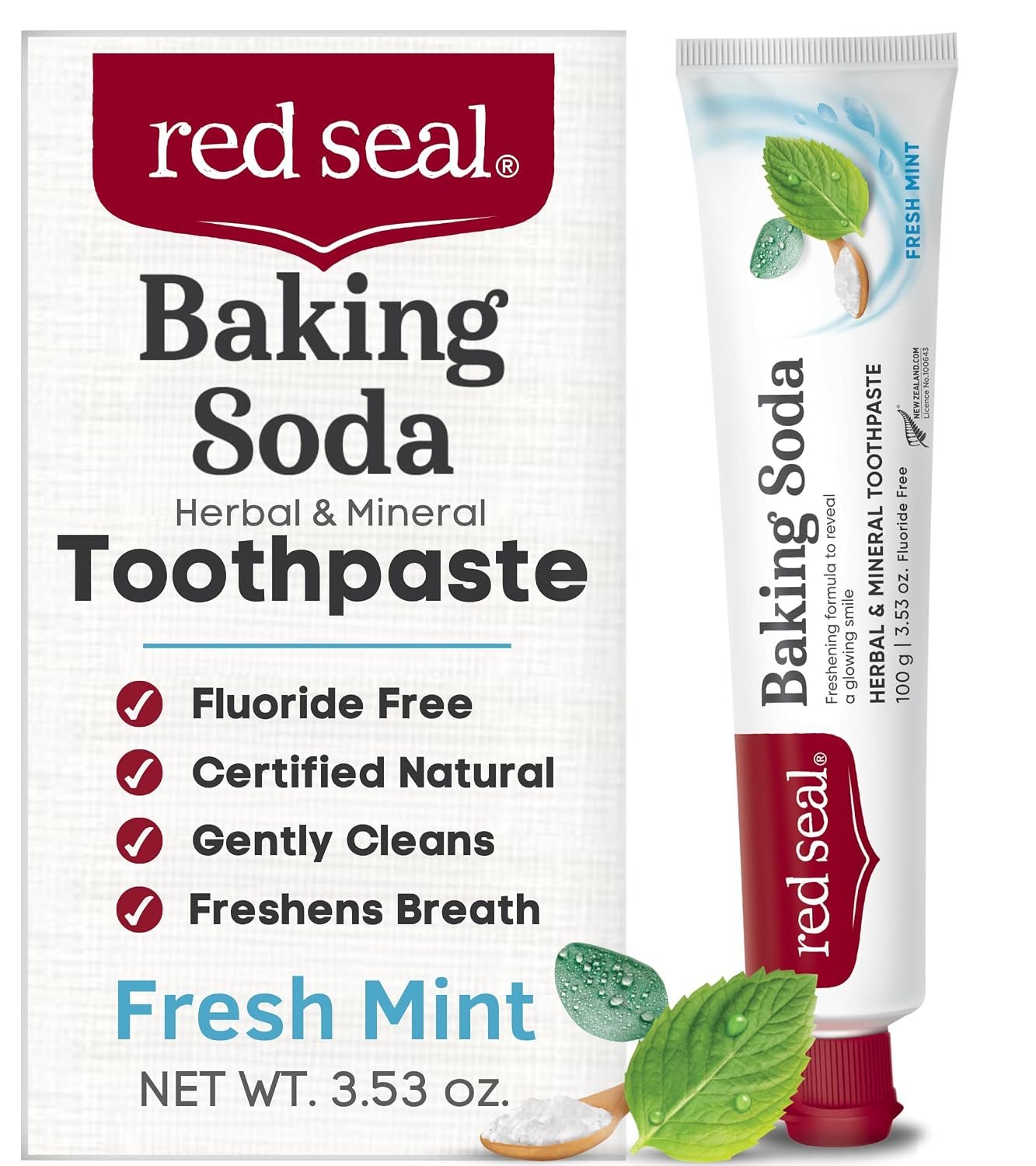 Red Seal Fluoride Free Toothpaste – Baking Soda – Herbal & Mineral Formula, Vegan-Friendly, Cruelty-Free, SLS and Paraben-Free, No Artificial Flavors, NATRUE Certified Natural, Dry Mouth Relief
