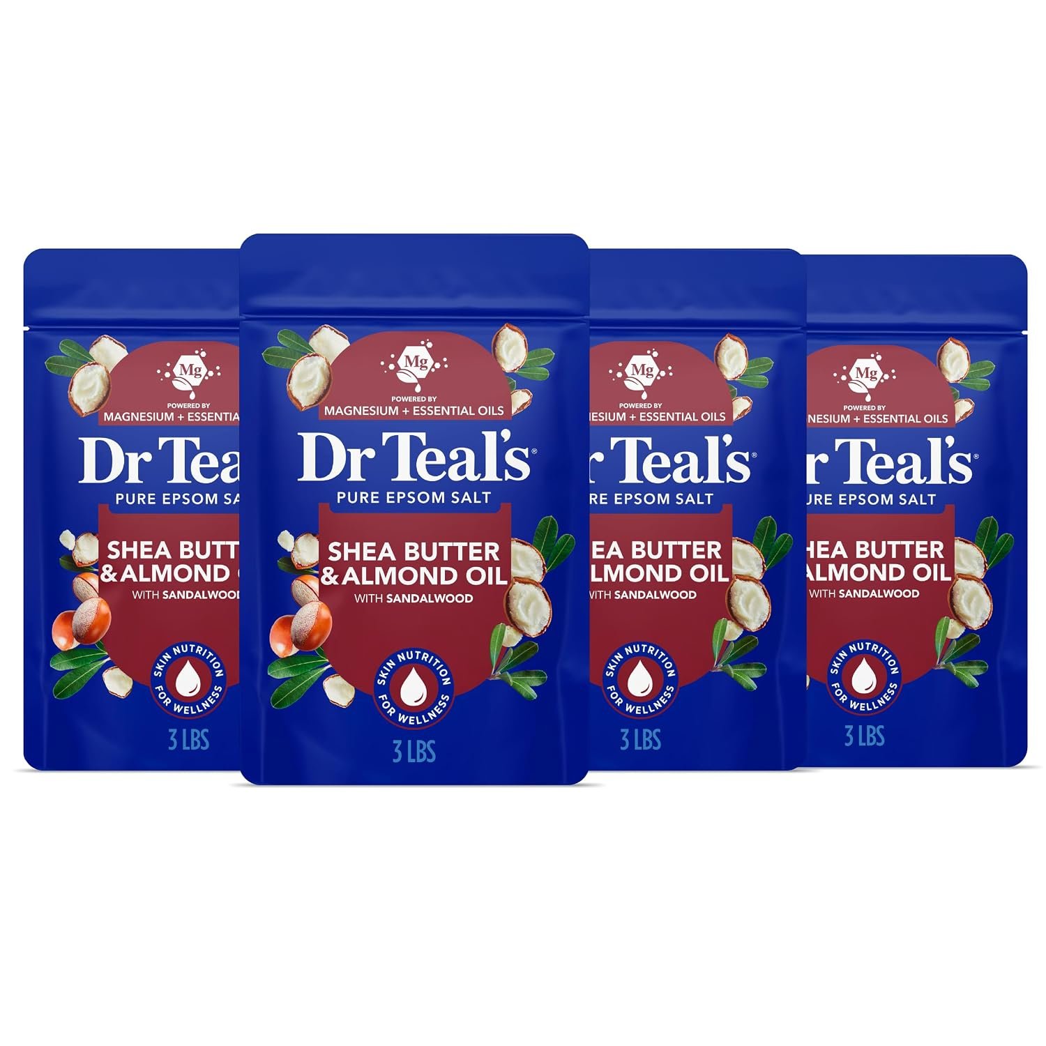 Dr Teal’s Epsom Salt Magnesium Soak, Shea Butter & Almond, 3 lbs (Pack of 4)