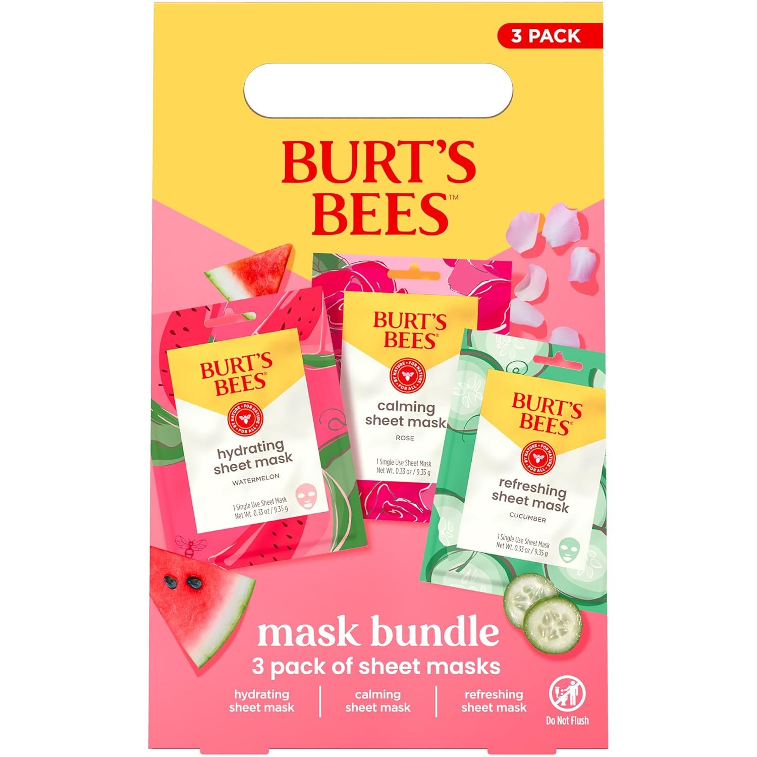 Burt’s Bees Mothers Day Gifts, Face Mask Bundle Set, Hydrating Watermelon, Calming Rose, & Refreshing Cucumber, Face Sheet Masks for Single Use Skin Care, 99% Natural Origin, 3 Count, 0.33oz Each