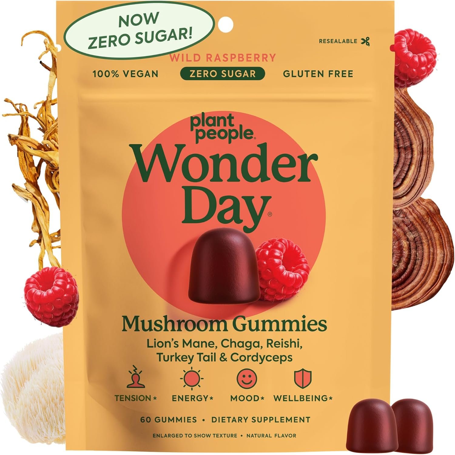 Plant People WonderDay Mushroom Gummies – Lion’s Mane Gummies with Cordyceps & Chaga Mushroom – Support Immune System & Boost Mood, Stress Reponse & Energy in Adults – Natural, Vegan, Non-GMO, 60-Ct