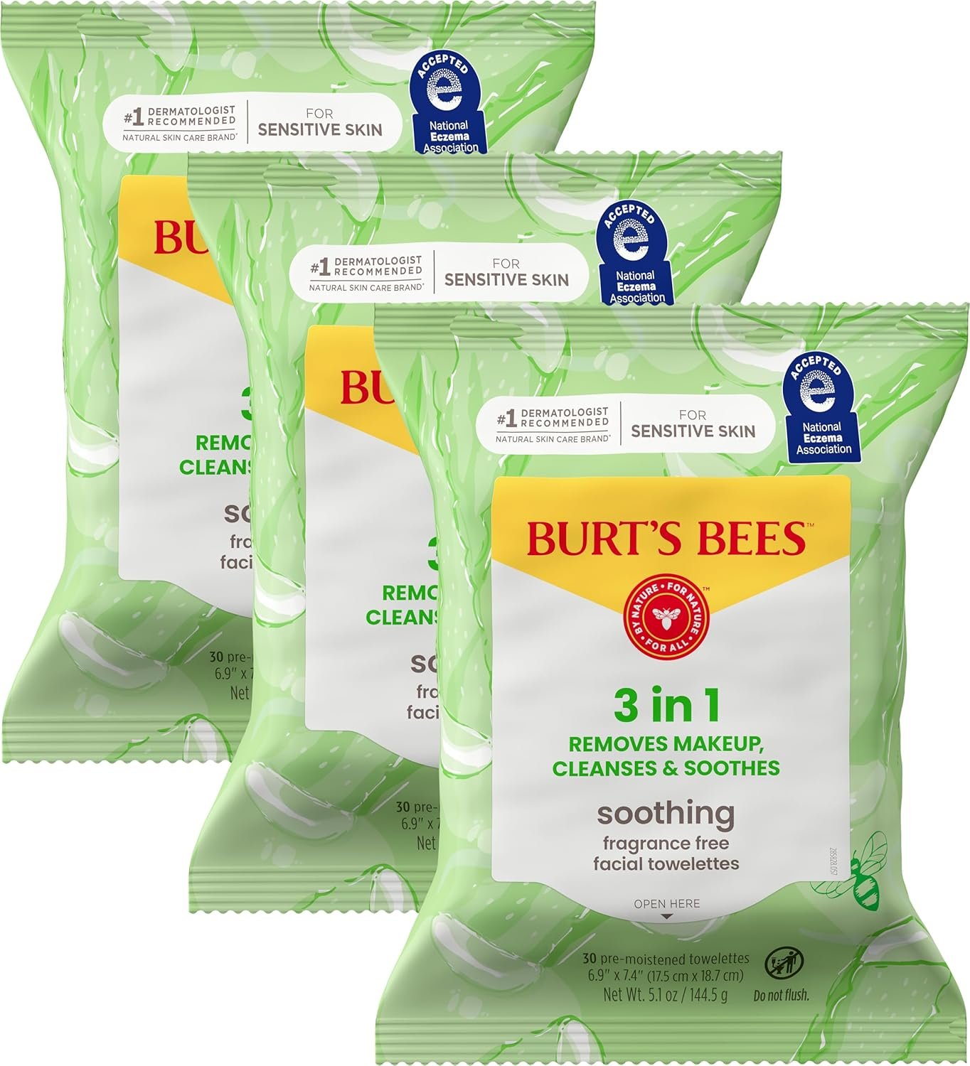 Burt’s Bees Soothing Fragrance Free Facial Towelettes with Aloe Vera, 100 Percent Plant Based Cloth Makeup Remover Wipes for Sensitive Skin, 99 Percent Natural Origin Skin Care, 30 ct., Three Pack