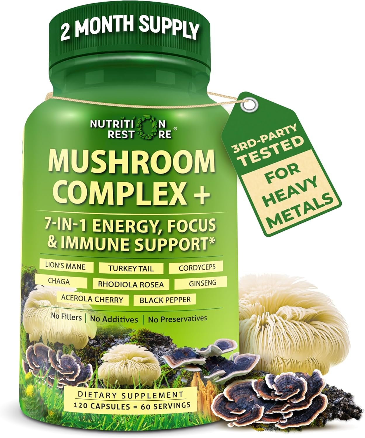 Organic Mushroom Complex: Lion’s Mane, Turkey Tail, Cordyceps, Chaga, Contains Naturally Occurring Beta Glucans – Organic Energy & Immune Support Blend: Rhodiola Rosea, Ginseng & Acerola Cherry 120Ct