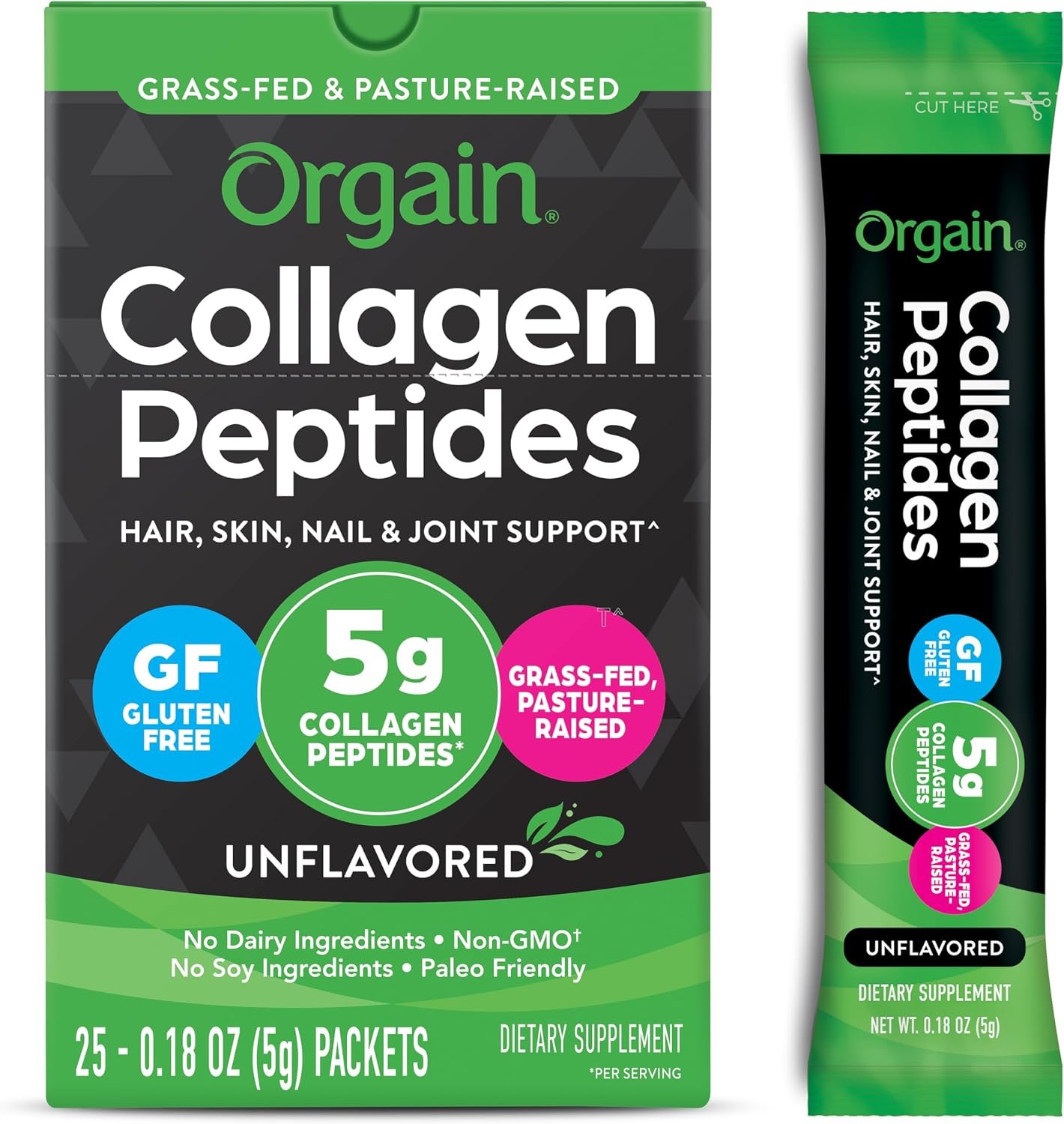 Orgain Hydrolyzed Collagen Peptides Travel Packets For Women & Men – 5g Grass Fed Collagen Per Serving, Hair, Skin, Nail & Joint Support Supplement, Non-GMO, Type I & III – Unflavored (25 Count)