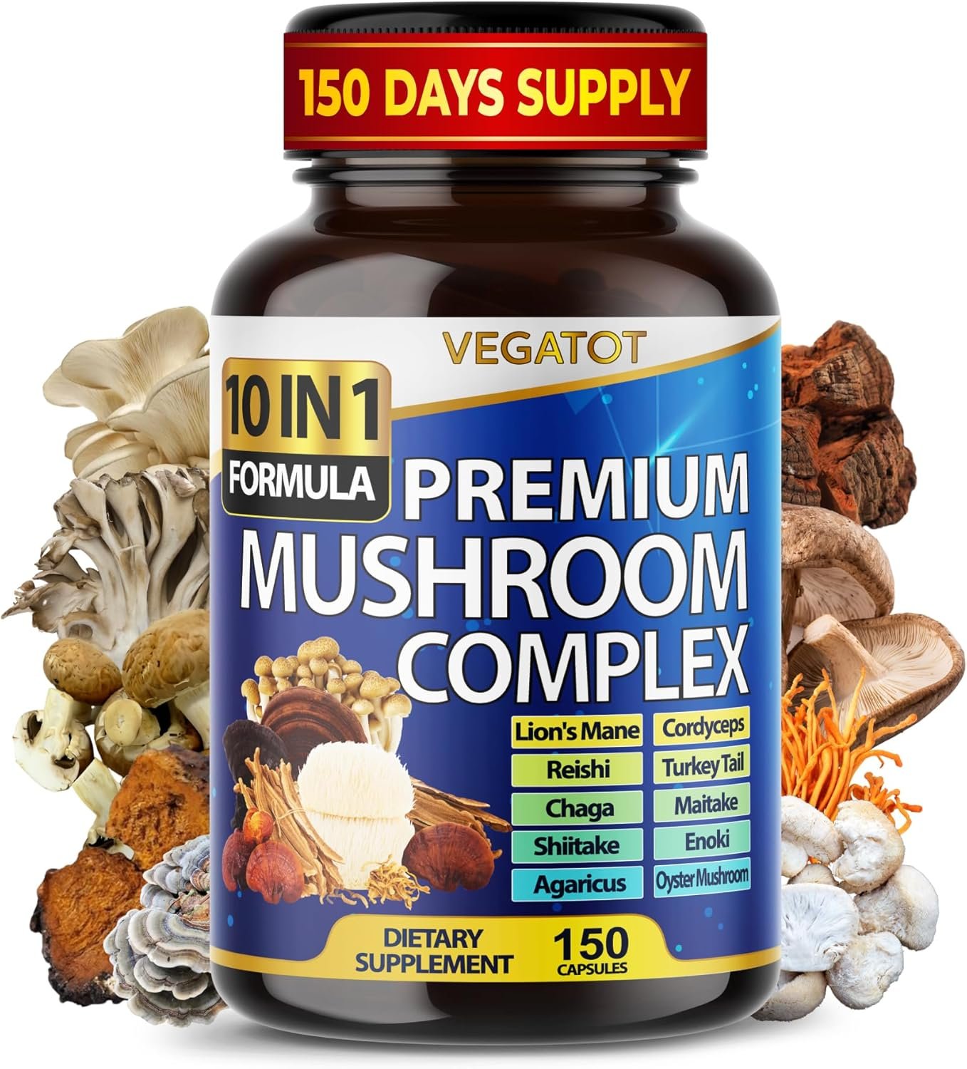 Vegatot Mushroom Complex Supplement, 10-in-1 Blend with Lion’s Mane, Cordyceps, Reishi, Turkey Tail, Chaga, Maitake & Shiitake, Cognitive & Immune Wellness Support*, 150 Capsules, Non-GMO