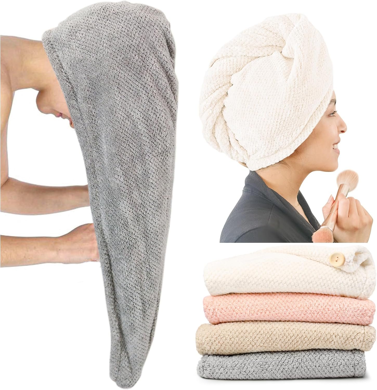 ROLSHOL Extra Large 4 Pack Microfiber Hair Towel Wrap for Women Super Absorbent & Quick Dry Hair Drying Towels with Button, Hair Turbans for Curly Hair Long & Short Hair – Anti-Frizz