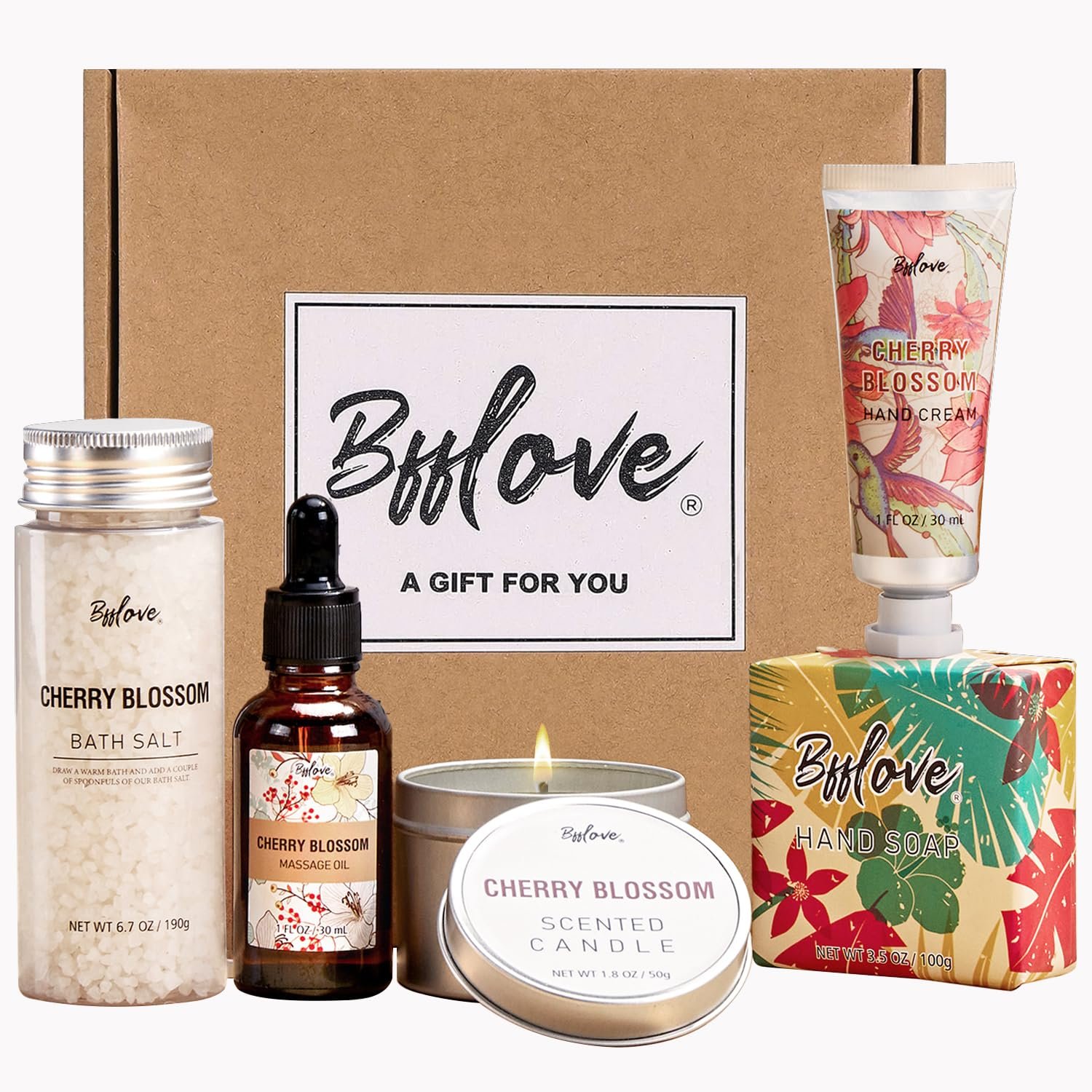 BFFLOVE Gift Set for Women – 5pcs Cherry Blossom Spa Gifts for Women, Birthday, Anniversary, Mother’s Day Gifts for Her with Massage Oil, Scented Candle, Bath Salts, Hand Cream