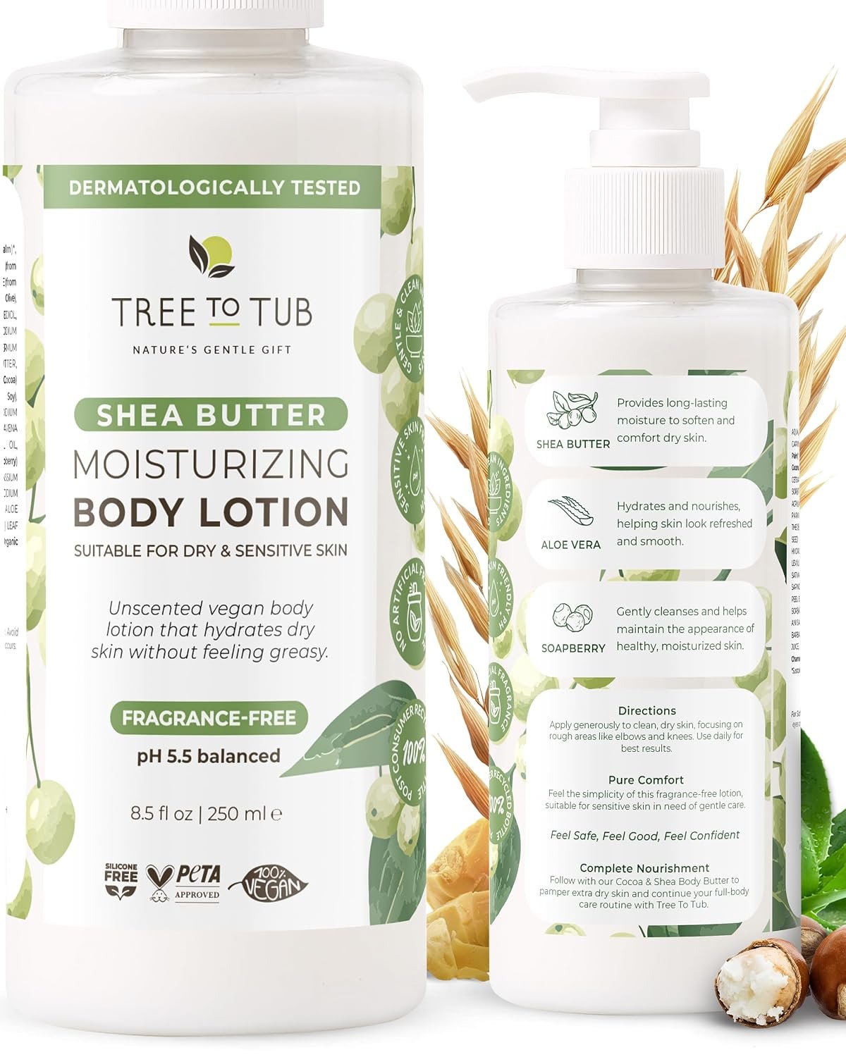 Tree To Tub Unscented Shea Butter Body Lotion for Dry Skin – Fragrance Free Lotion,Vegan Body Moisturizer, Good for Sensitive Skin for both Women & Men