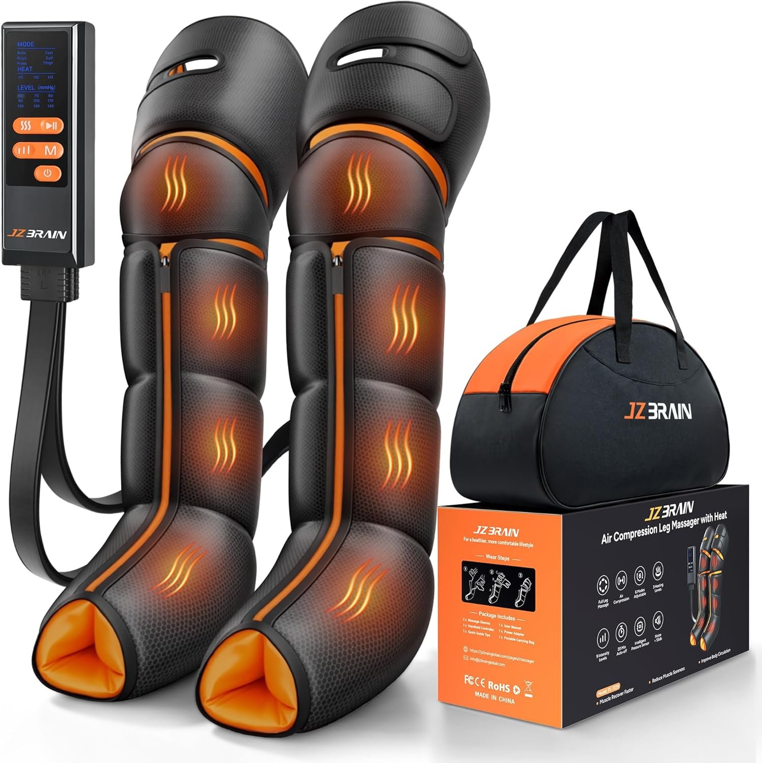 JZBRAIN Leg Massager with Heat and Compression for Circulation, Foot and Calf Thigh Massager for Pain Relief, Compression Boots with Heated Knee, 9 Intensity, 6 Modes, 3 Heat