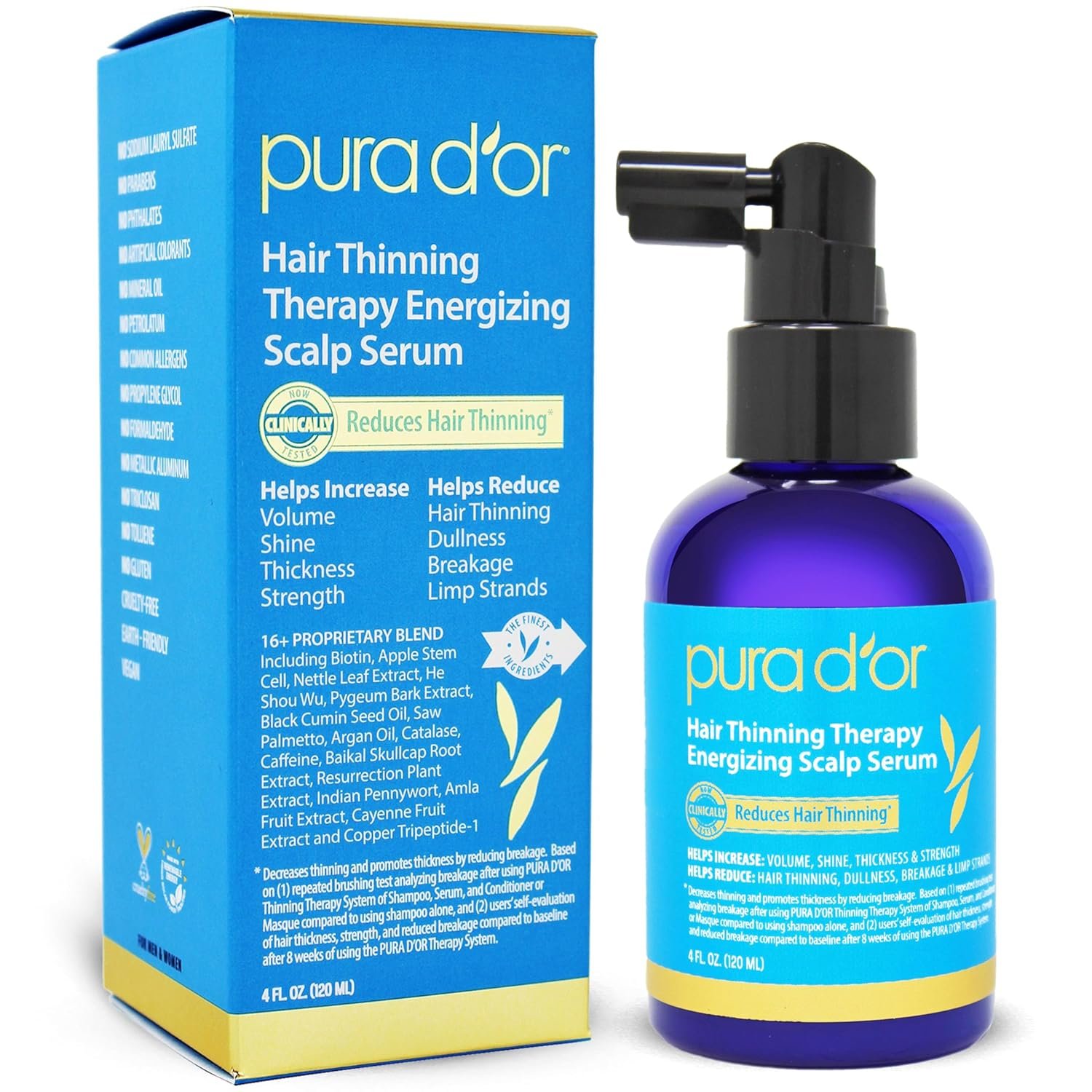 PURA D’OR Hair Thinning Therapy Energizing Scalp Serum 4oz w/Copper Tripeptide, Biotin, Caffeine, Plant Stem Cell, Catalase & DHT Balance, Rosemary Green Tea Leaf Extract, All Hair Types, Men Women