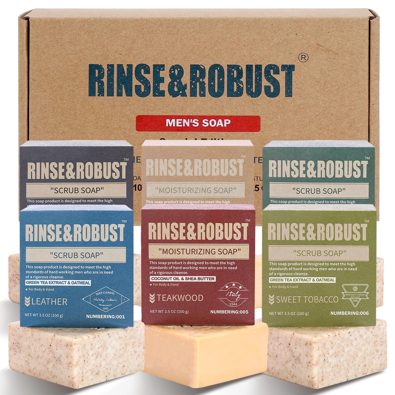 Rinse & Robust Mens Soap Bar Set 6Pcs Natural Handmade Cleansing Bar Soap Set Moisturizing Exfoliating Scrub Soap Fathers Day Gift for Dad All Skin Type, 6 Different Scents, 3.5 oz of 6 Bars