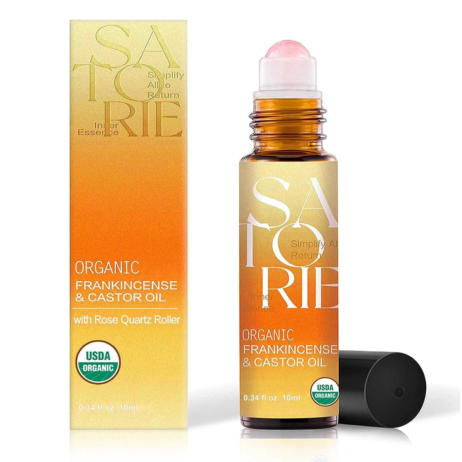SATORIE Organic Castor & Frankincense Oil Roll-On with Rose Quartz Rollerball, USDA Certified Organic, Cold-Pressed & Hexane-Free, for Face, Under-Eye Care, Dark Circles, Fine Lines & Dry Skin
