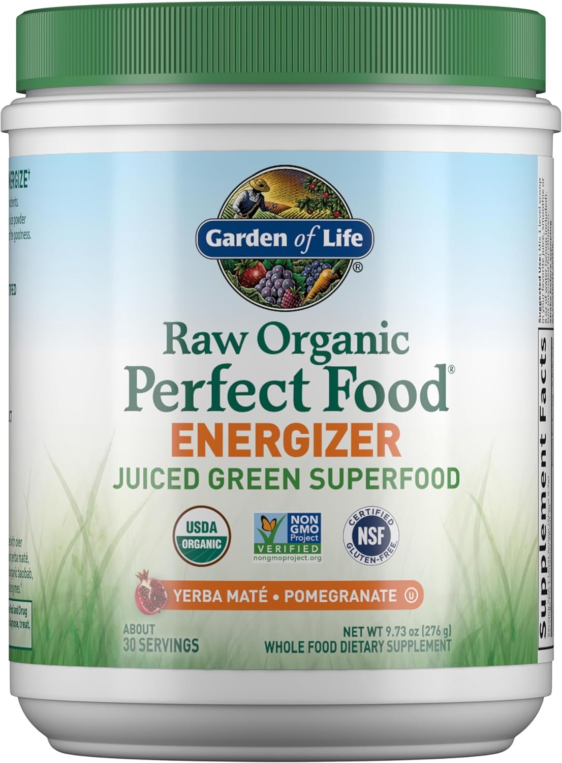 Garden of Life Raw Organic Perfect Food Energizer Juiced Green, Yerba Mate Pomegranate Flavored Superfood Powder Supplement, 30 Servings