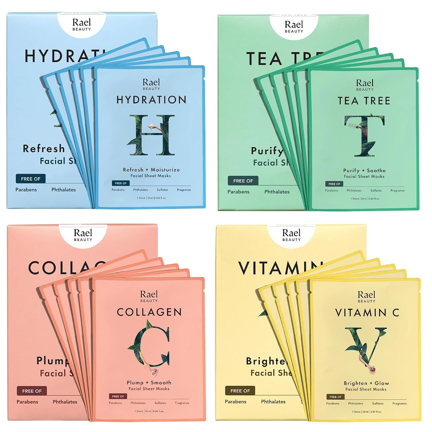 Rael Face Mask Skin Care, Bamboo Facial Mask Sheet Set – Variety Pack, Korean Skincare, All Skin Types, Gift Set (5 Hydration, 5 Vitamin C, 5 Collagen, 5 Tea Tree, 20 Sheets)