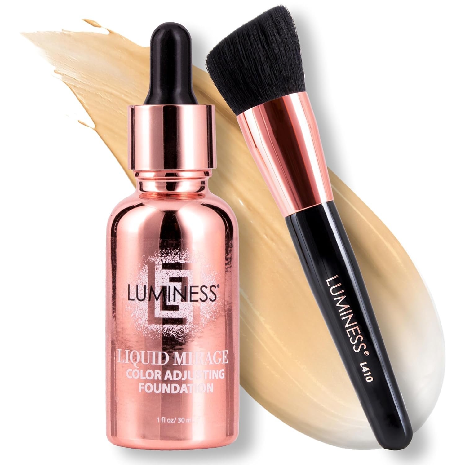 LUMINESS Liquid Mirage w/SPF 50 Color Adjusting Foundation Kit – Color Changing Foundation, SPF 50 Primer & Makeup Brush, Face Makeup for Mature Skin, 4in1 Liquid Foundation, Concealer & Moisturizer
