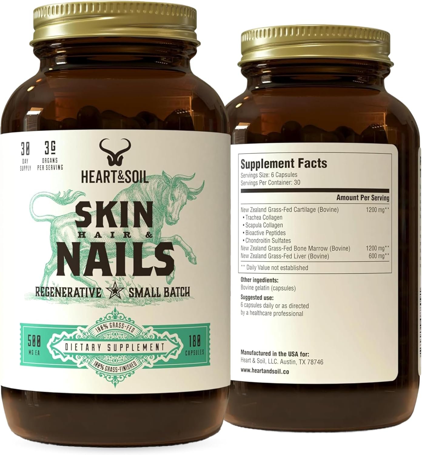 Heart & Soil – 100% Grass Fed & Finished Hair Skin and Nails Supplement from Regenerative Cattle with Cartilage, Liver, & Bone Marrow – 3000mg Beef Organs for Women & Men – Glass Bottle – 180 Capsules