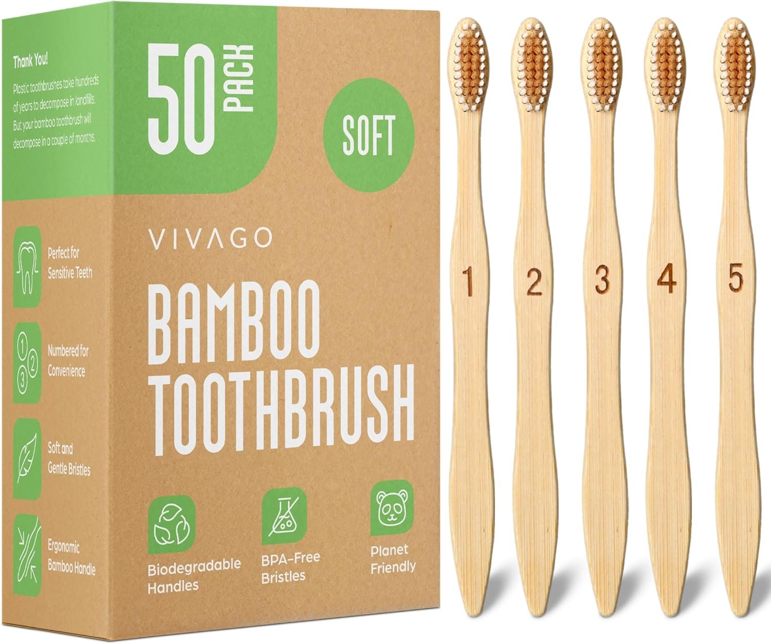 VIVAGO Bamboo Toothbrushes Bulk Soft Bristles (50 Pack) – Eco-Friendly, Natural Wooden Toothbrush