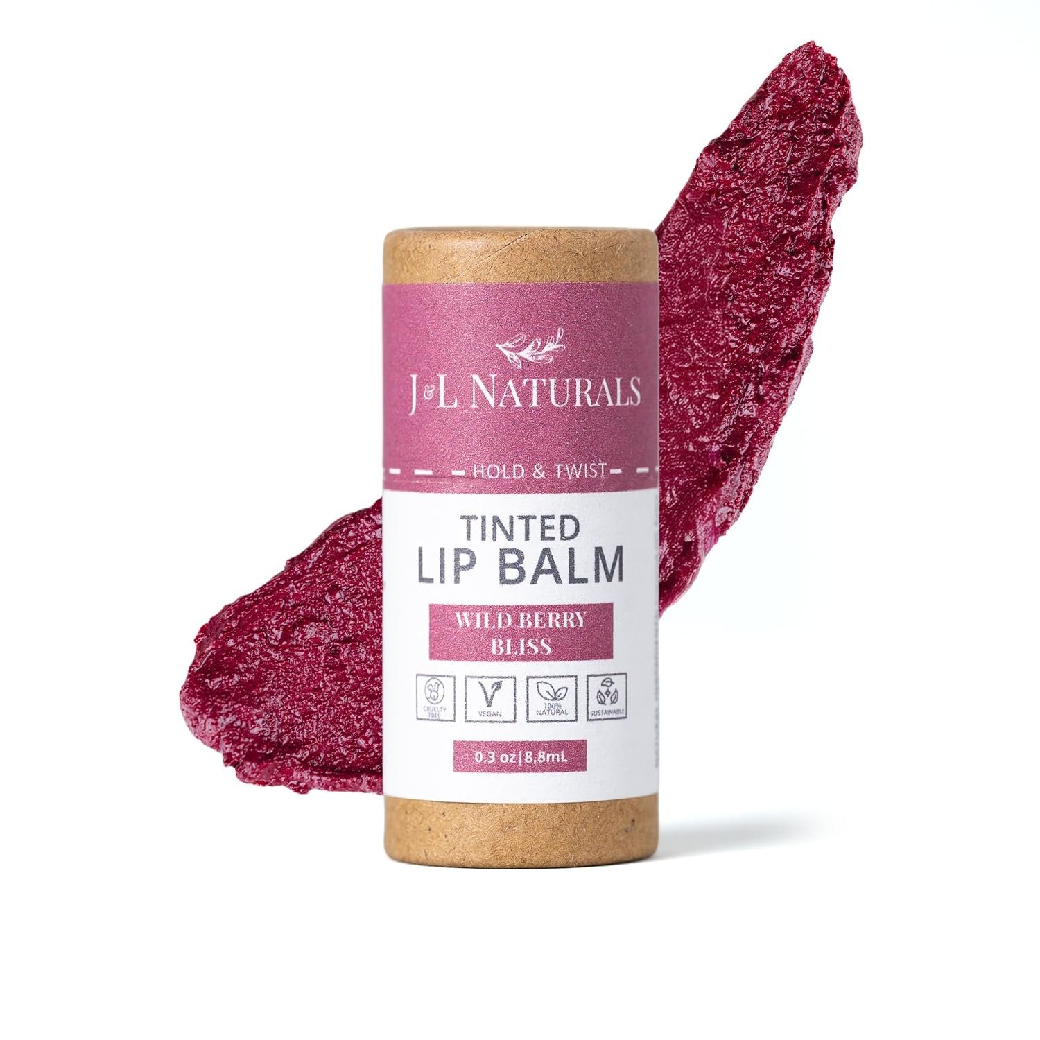 J&L Naturals Tinted Lip Balm | Vegan & Cruelty Free Lip Stain | Zero Waste Makeup | Plastic-Free, Hydrating & Moisturizing Lip Tint | Made in US (Single (1-Pack), Wild Berry Bliss)