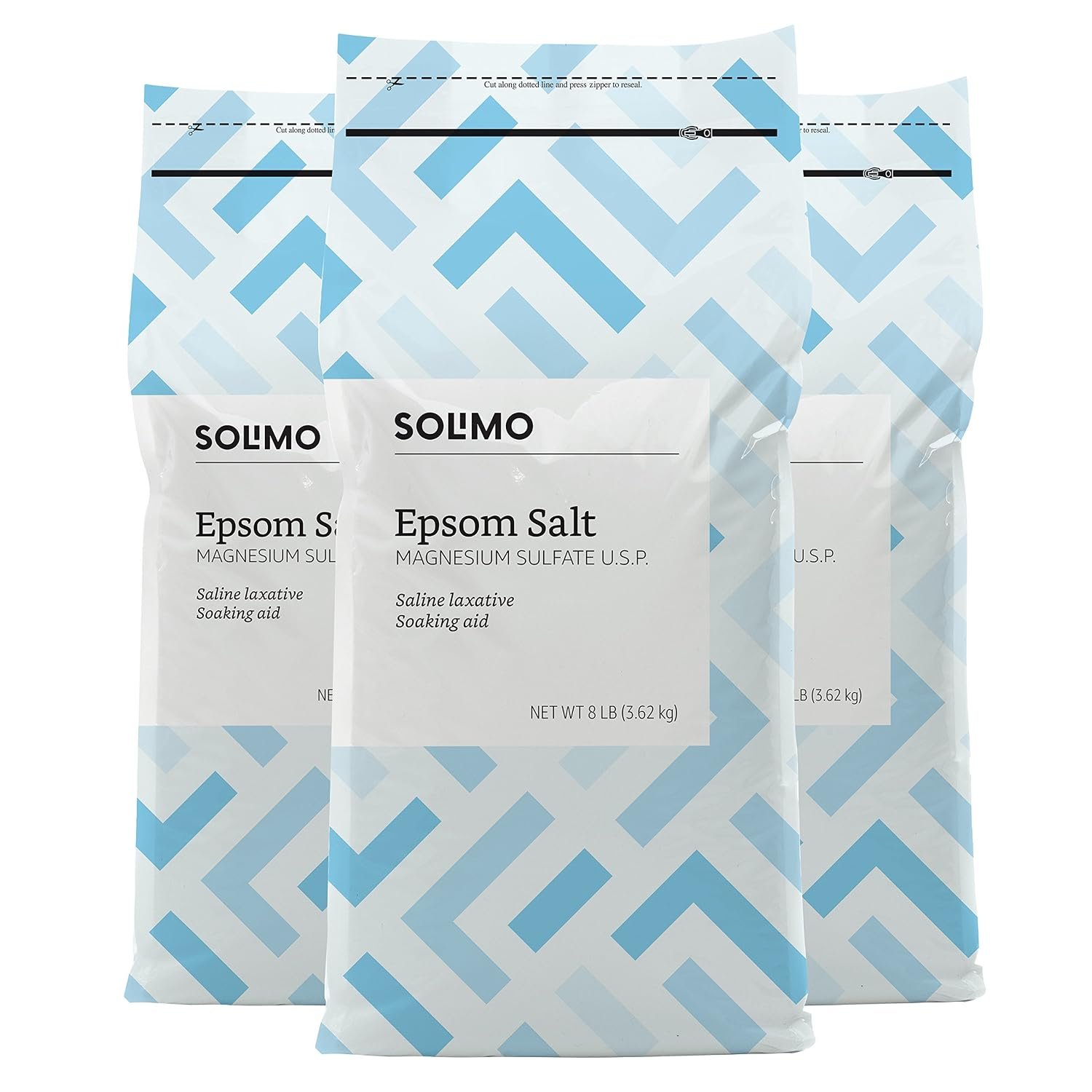 Amazon Brand – Solimo Epsom Salt Soak, Magnesium Sulfate USP, Relaxing Bath Soaking Aid, Unscented, 8 Pound, Pack of 3, Resealable Bags