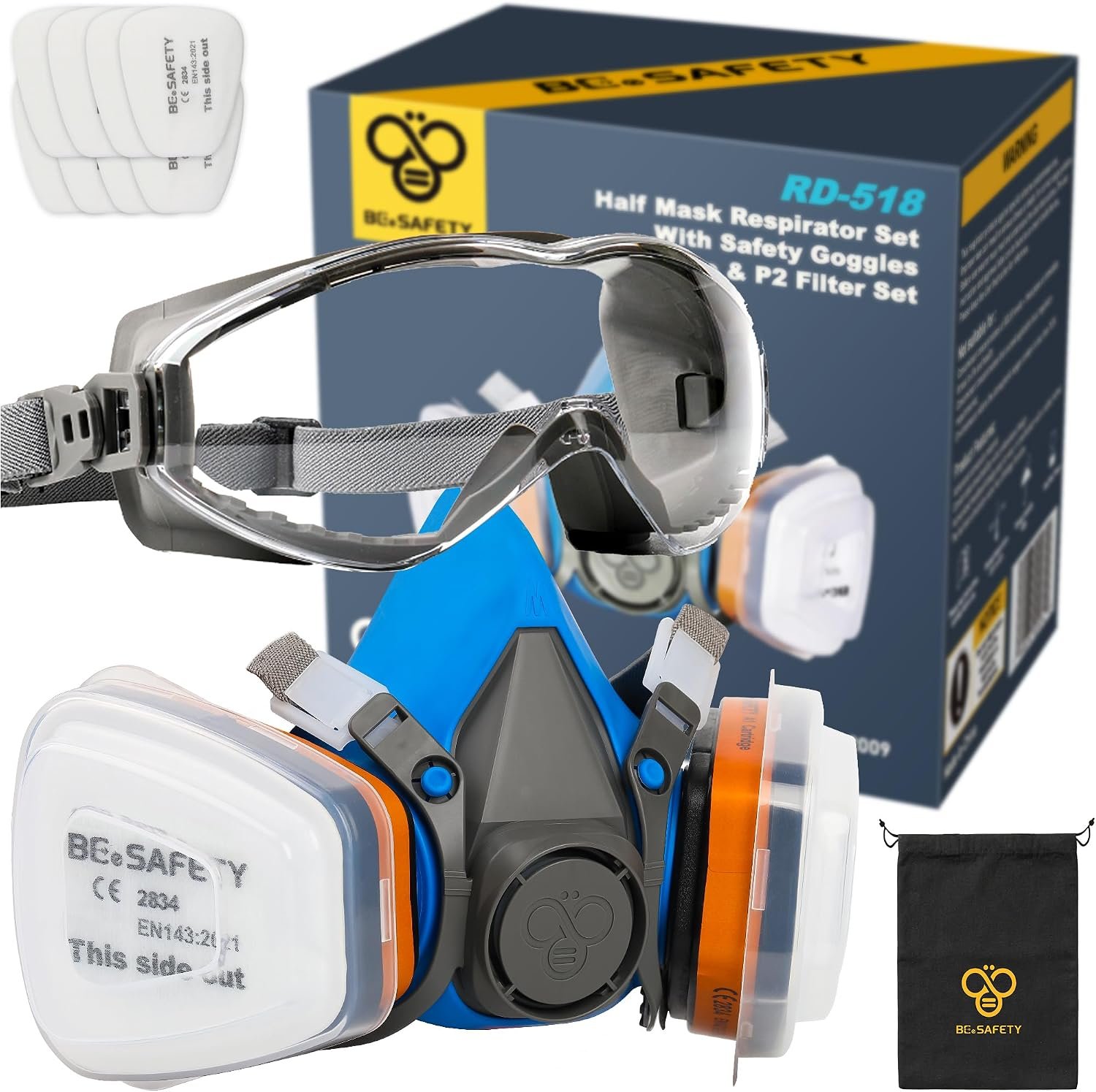Half Face Respirator Mask with Safety Goggles, 2 A1 Organic Vapor Filters & 8 P2 Dust Filters, RD-518 Reusable Respirator for Painting,Dust,Gas, Sanding, Spraying, Chemicals, Cleaning