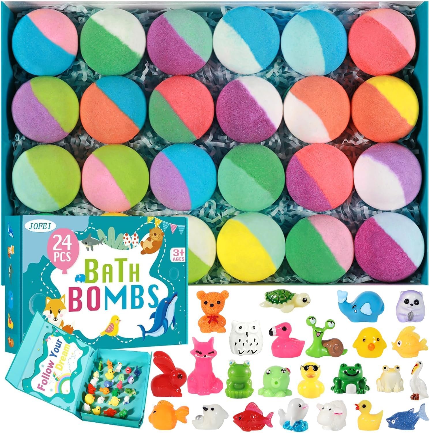 Bath Bombs for Kids with Surprise Inside, 24 Pack Kids Bath Bombs with Toys Inside Gift Set, Kid Bubble Bath Fizzy for Girls Boys with Bath Toys