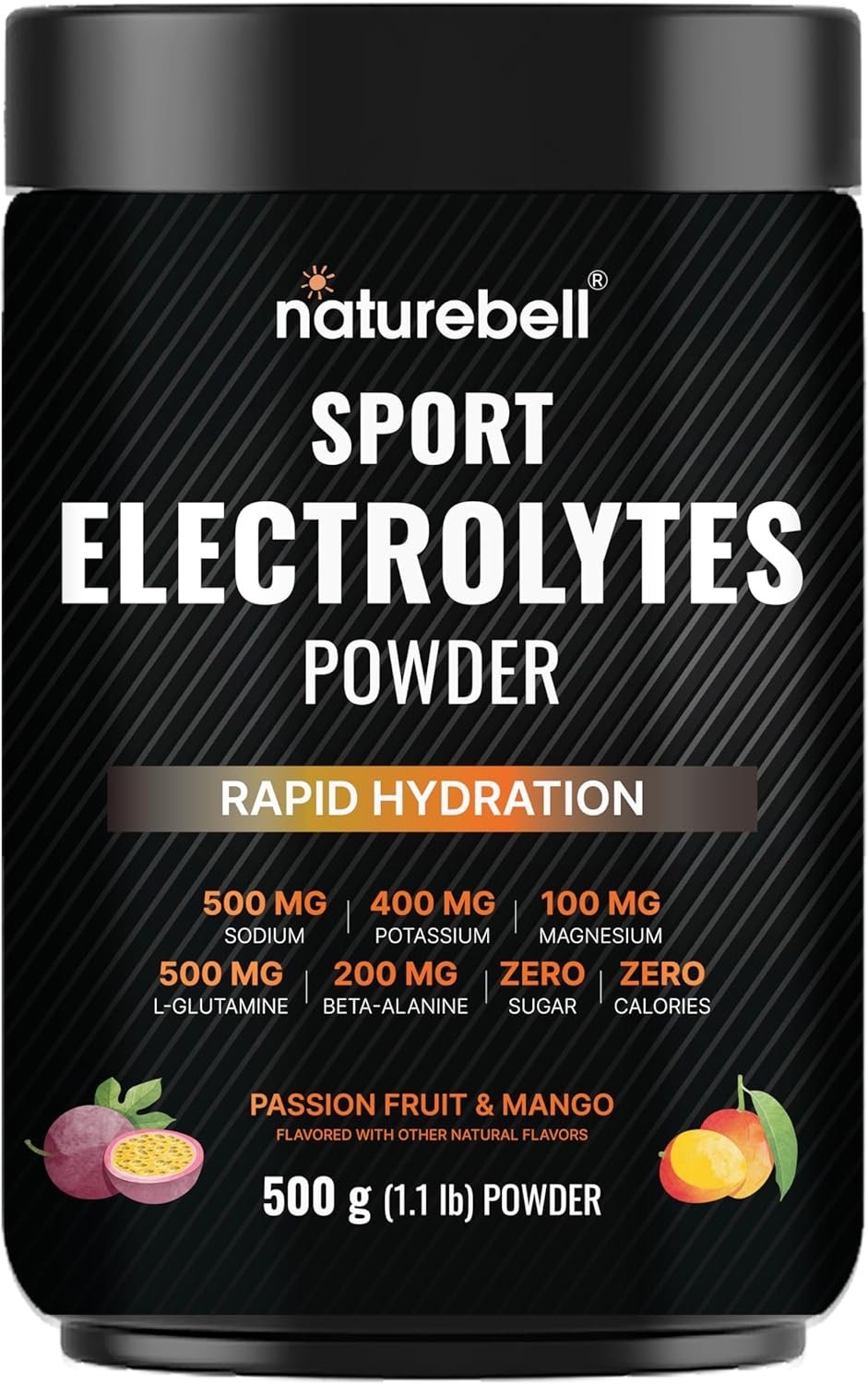 Sport Electrolytes Powder No Sugar, 500g (52 Servings) | Electrolyte Hydration Drink Mix with Sodium, Potassium, Magnesium, L-Glutamine, Beta Alanine, & Coconut Water – Passion Fruit & Mango Flavor
