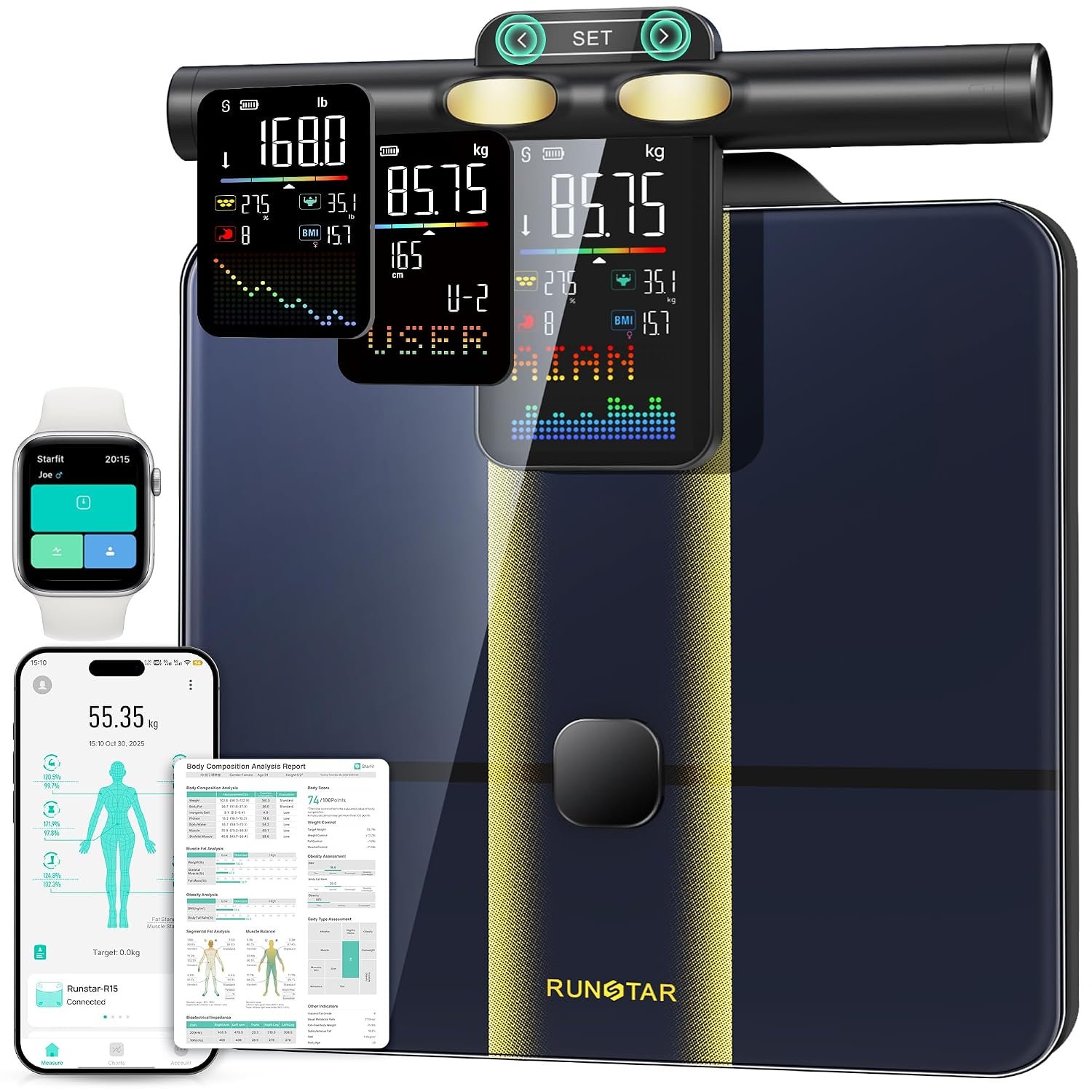 RunStar Smart Scale for Body Weight, 8 Electrodes High Precision Digital Bathroom Scale with Set Functions Handle, Body Composition Scale for 28 Metrics 400lbs, Blue-Black