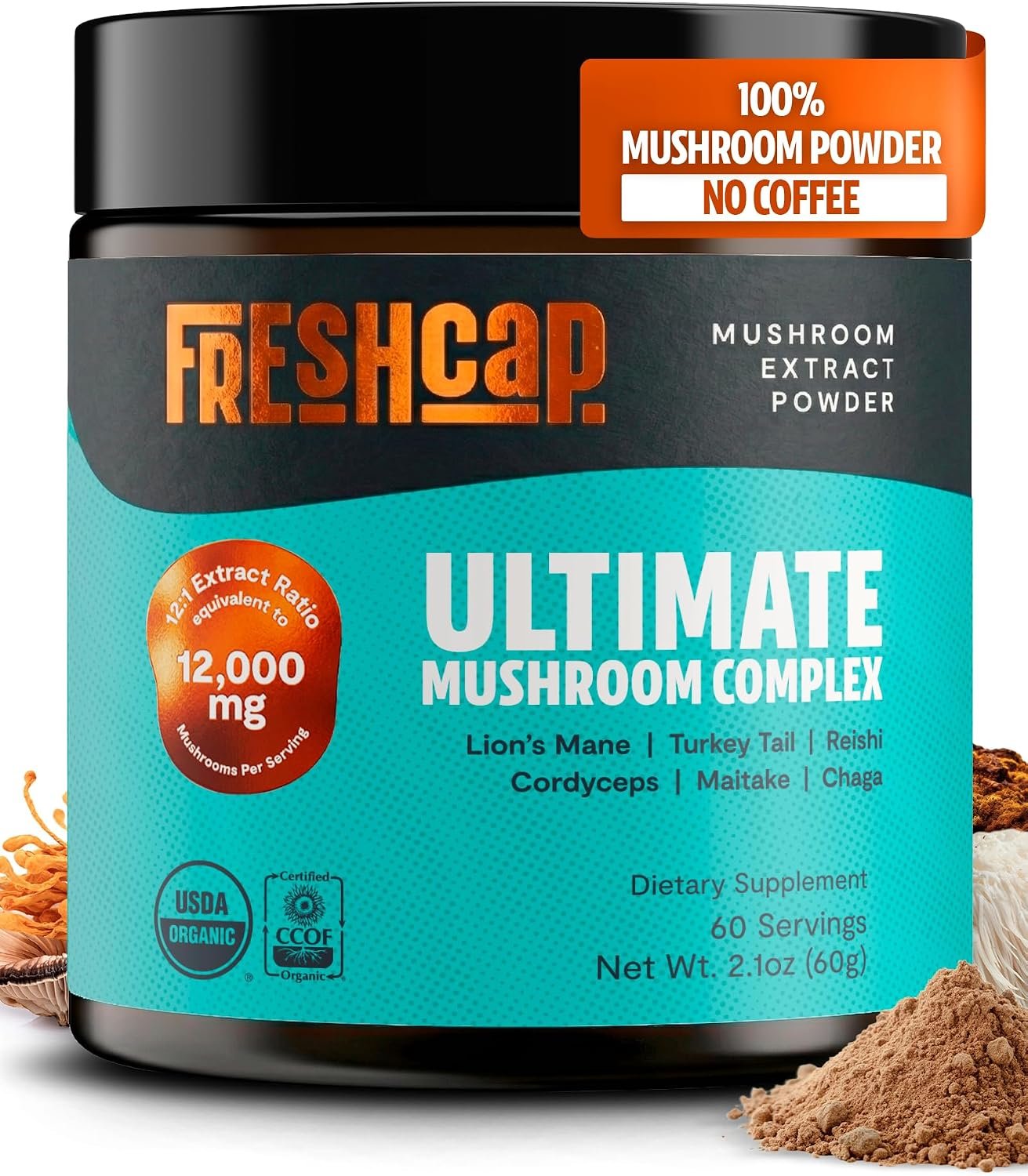 FreshCap Mushrooms Ultimate Mushroom Complex – Mushroom Powder 12:1 Fruiting Body Extract with 29% Beta-Glucans – Ayurveda Clean Energy, No Jitters, Focus & Immune Support (60 Servings)