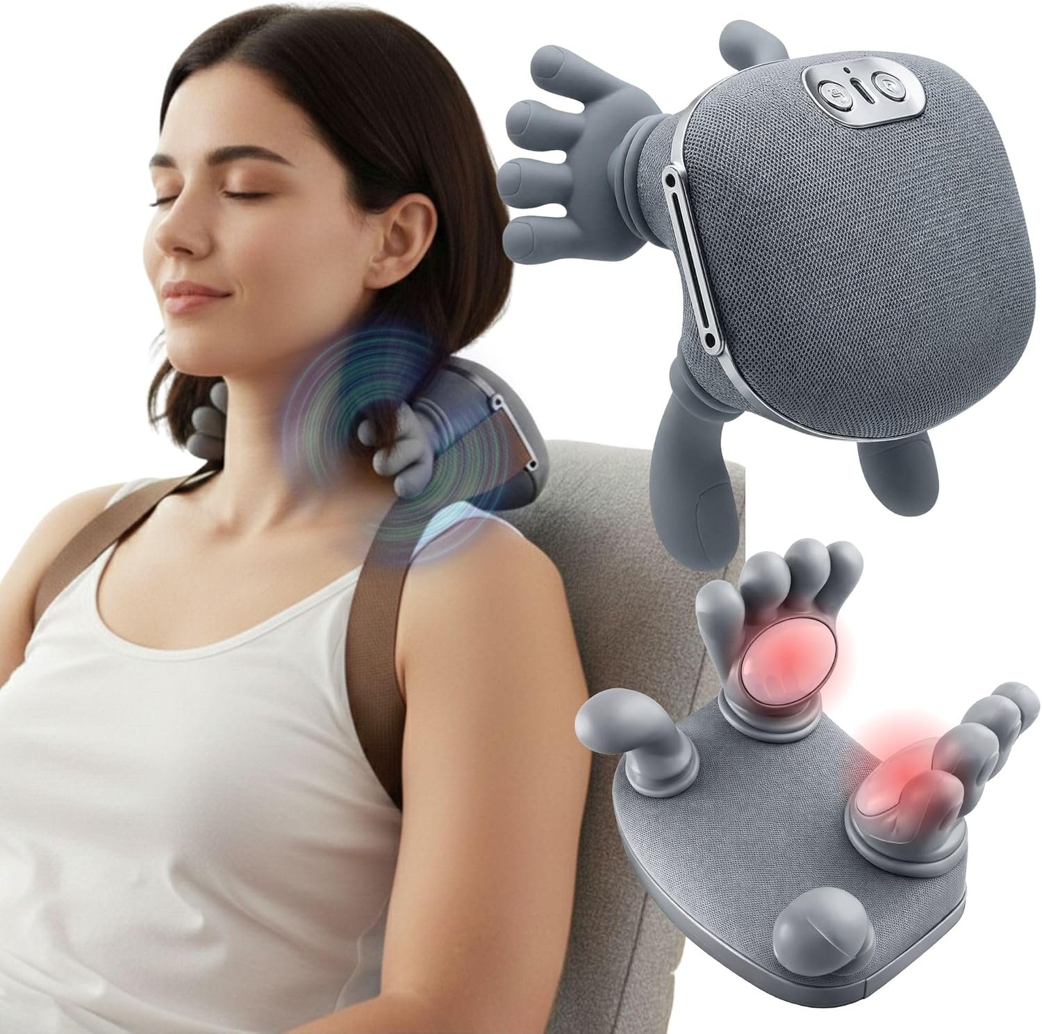 LIVINGPRO Neck & Shoulder Massager with Heat, Deep Tissue Shiatsu with Bionic Palm 4D Kneading, Simulated Human Hand Massage, 3 Adjustable Intensities, Portable Pain Relief for Home & Office