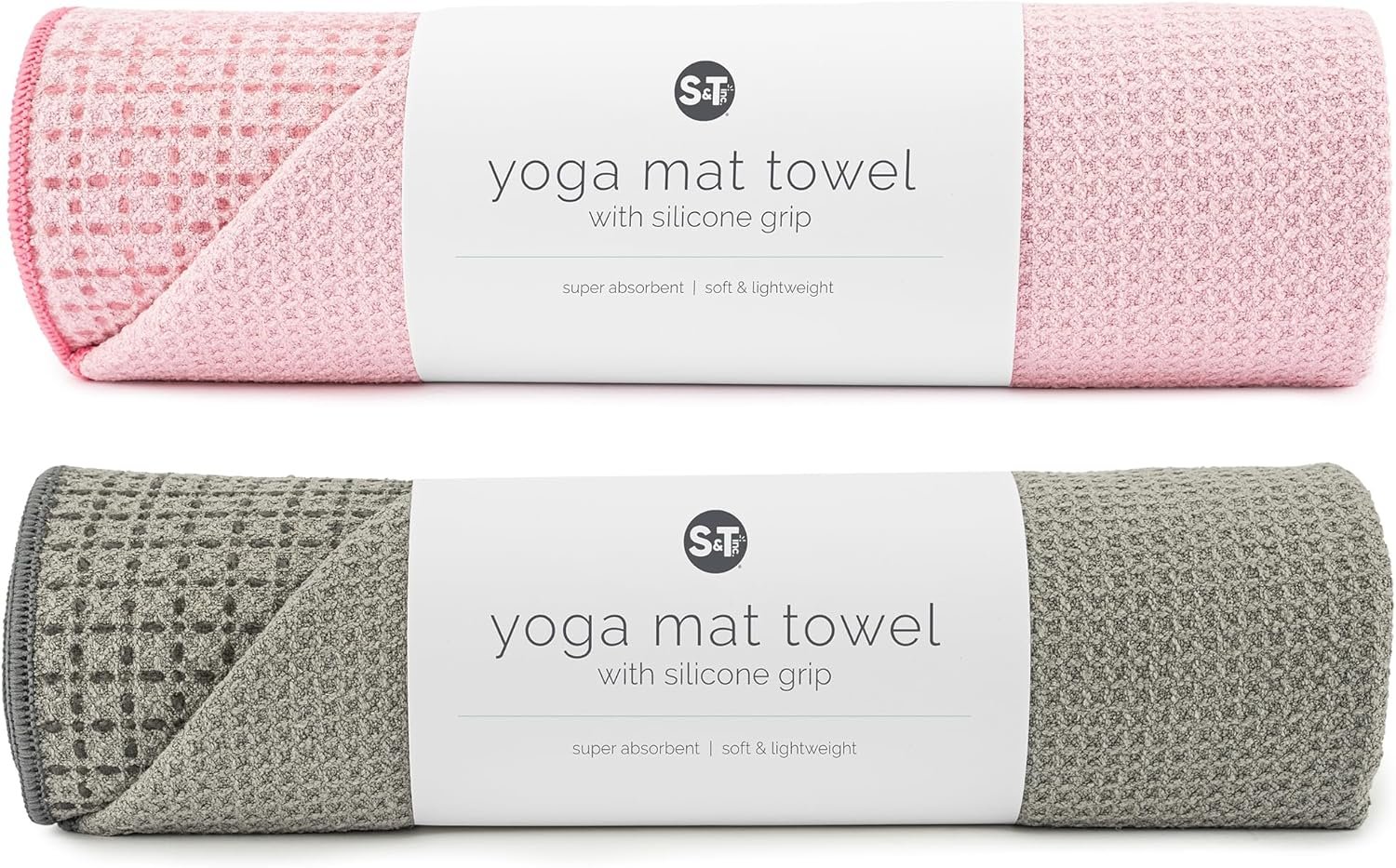S&T INC. Yoga Mat Towel with Non-Slip Grip, Enhanced Silicone Grip, Soft and Absorbent for Gym, Pilates, and Hot Yoga Mat, 2 Pack, 24 inches x 72 inches, 340GSM, Pink and Grey