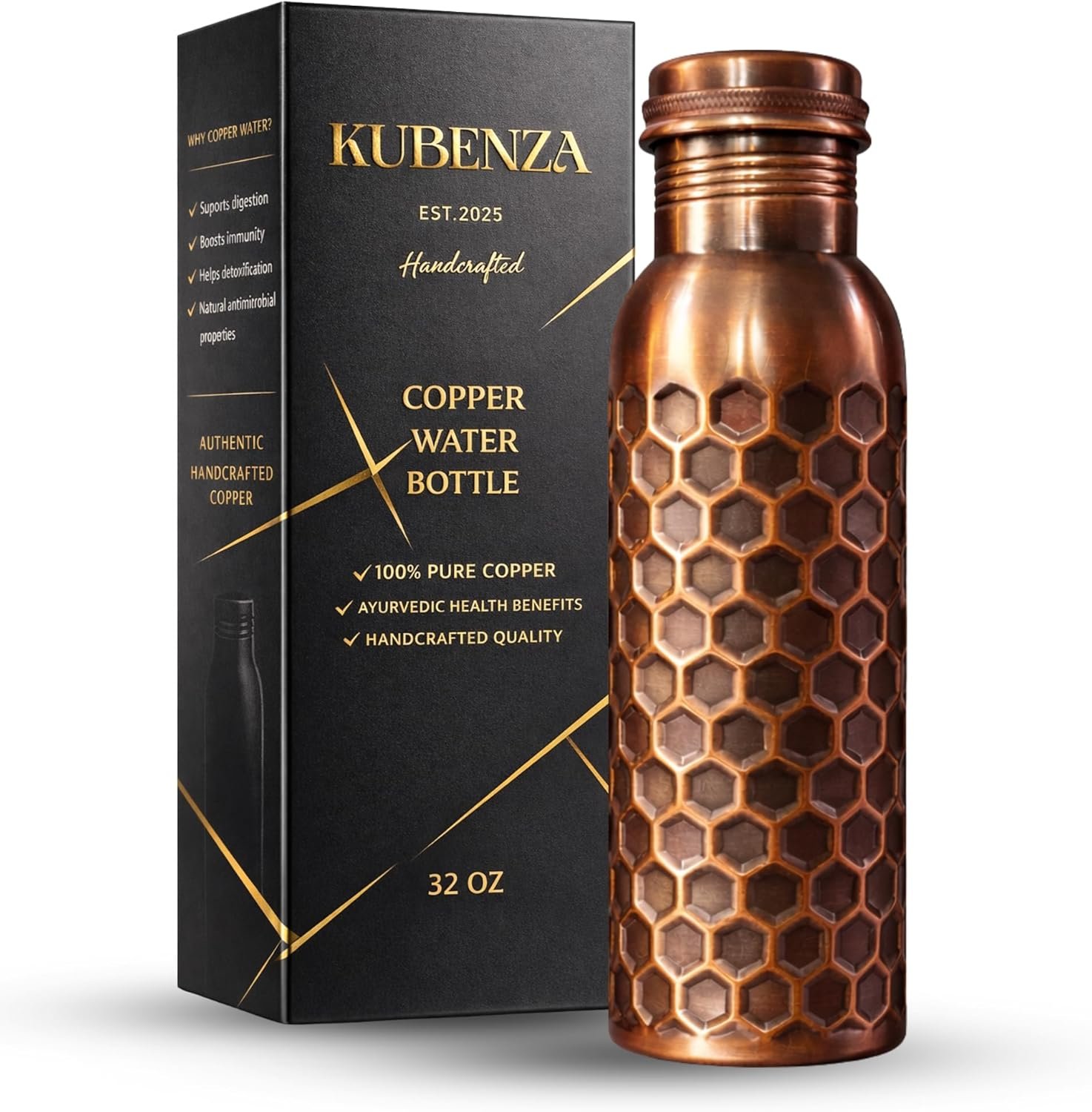 Pure Copper Water Bottle 32 oz | 100% Solid Uncoated & Lacquer Free | Handmade Ayurvedic Copper Bottle for Drinking Water | Leak-Proof | Reusable
