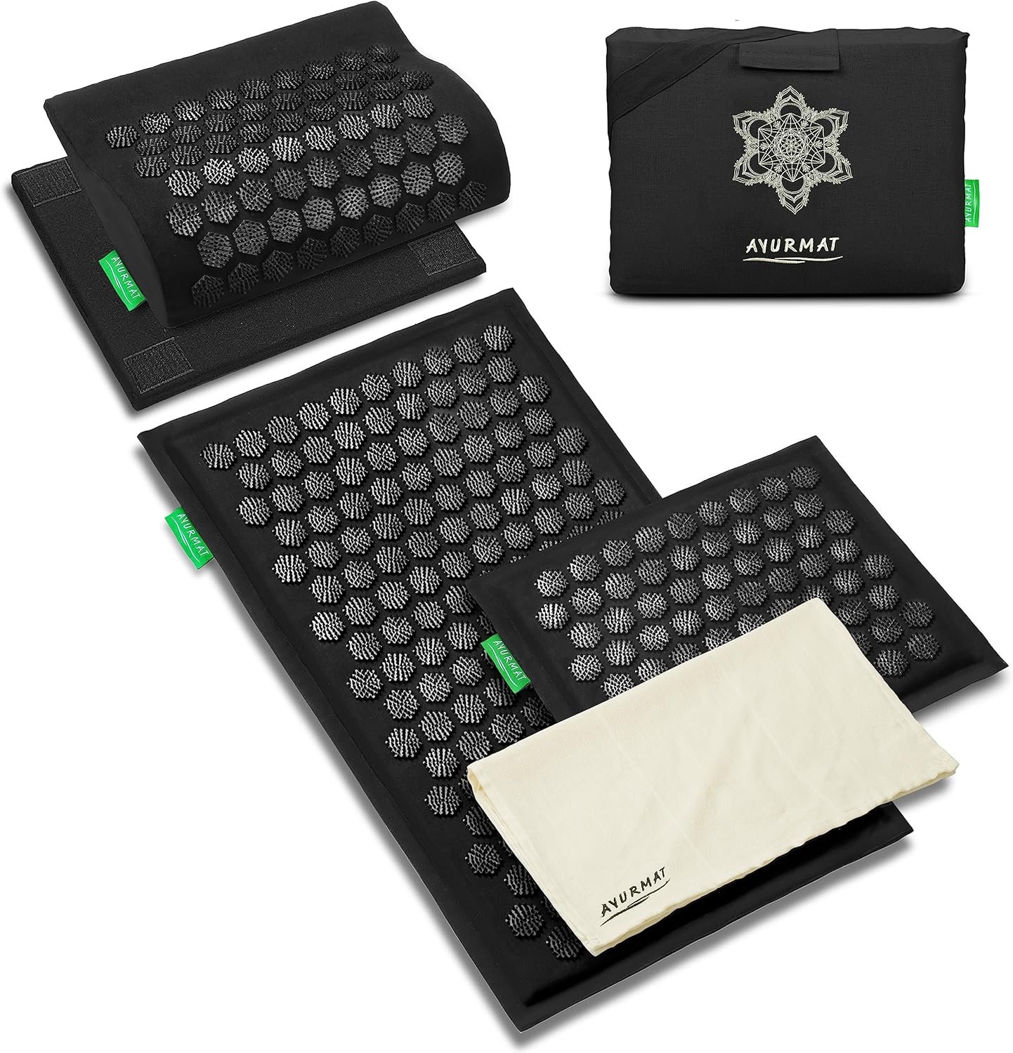 Acupressure Mat and Pillow Set – Full Body Pro Kit for Stress Relief, Muscle Relaxation & Pain Relief – Natural Eco-Friendly Linen & Coconut Fiber Mat – Includes Carrying Bag (Black)