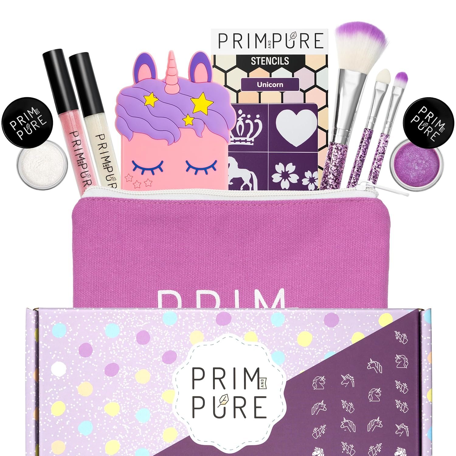 Prim and Pure Mineral Gift Set with Unicorn Mirror| Perfect for Play Dates & Birthday Parties | Kids Eyeshadow Makeup – Mineral | Organic & Natural Makeup Kit for Kids| Made in USA (Purple)