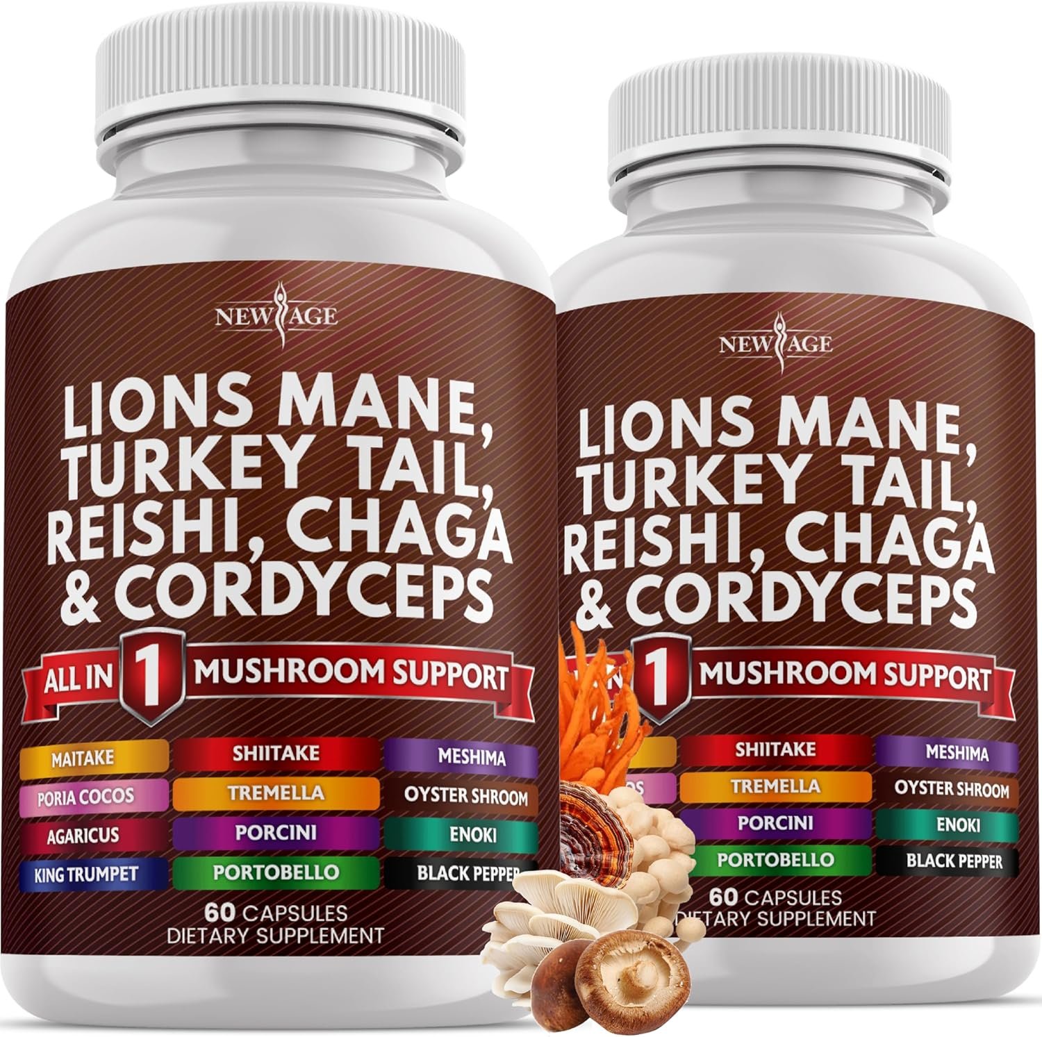 NEW AGE Lions Mane Mushroom Supplement with Turkey Tail Reishi Cordyceps Chaga with Marshmallow Root – 120 Count