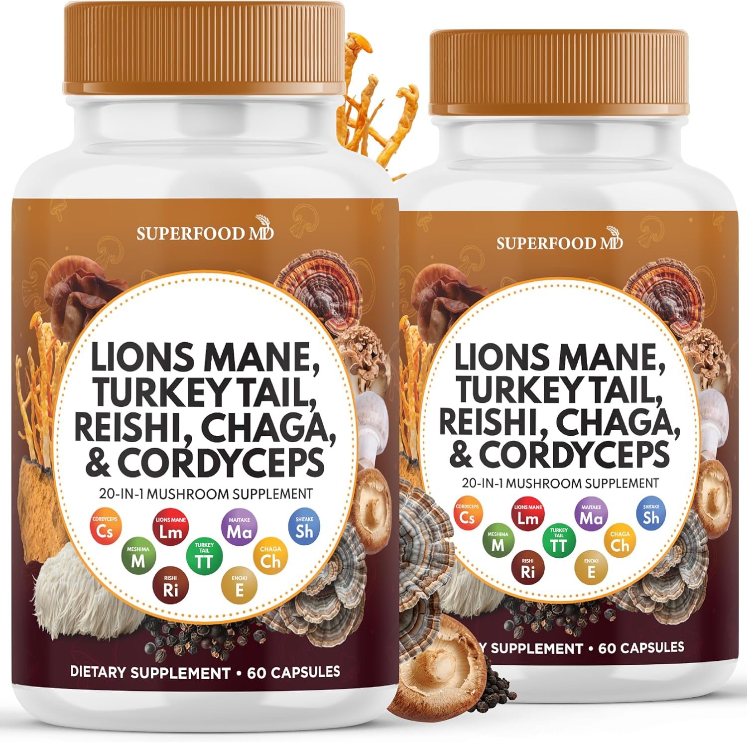 Superfood MD Lions Mane Mushroom Supplement with Turkey Tail Reishi Cordyceps Chaga with Marshmallow Root – 120 Count