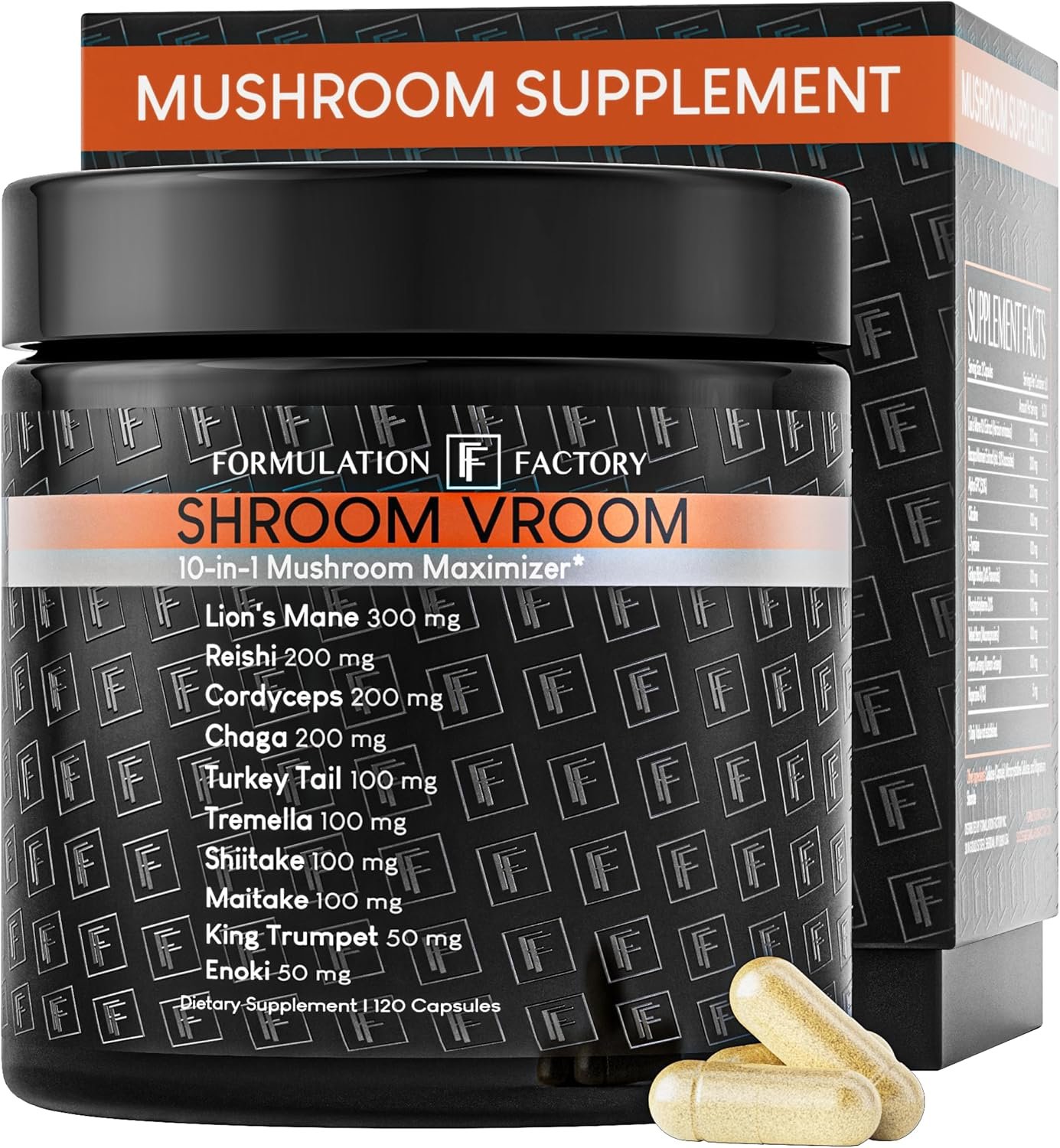 Formulation Factory Shroom Vroom 10-in-1 Mushroom Complex (2-Pack) with Lion’s Mane, Reishi, Cordyceps, Chaga, Turkey Tail, Tremella, Maitake, Shiitake & More – 120 Capsules, 2 Month Supply