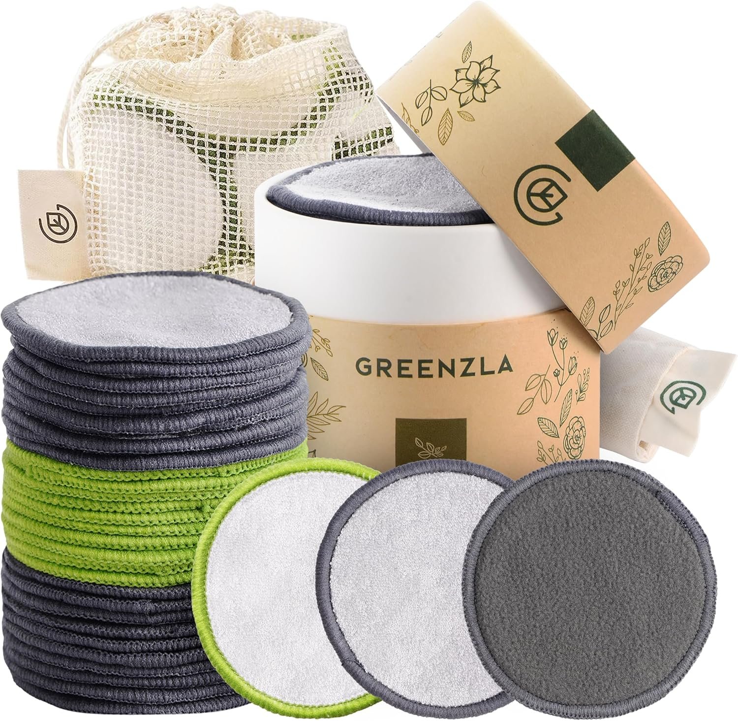 Greenzla Reusable Makeup Remover Pads, Washable Bamboo Cotton Rounds with Mesh Laundry Bag, Travel Pouch, Pad Holder – Reusable Cotton Rounds for All Skin Types – Perfect for Face Care, 30 Pack