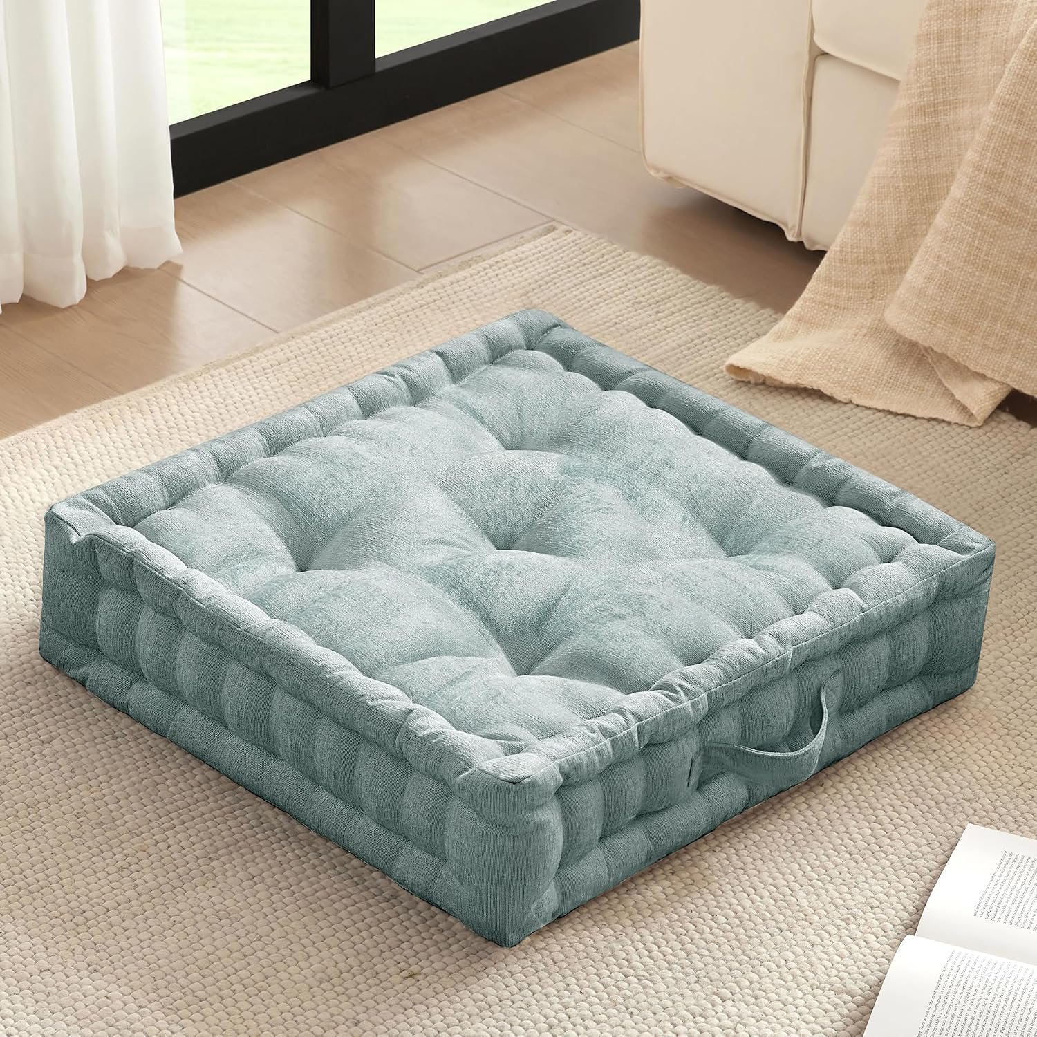 Intelligent Design Large Floor Pillow for Adults Yoga or Meditation Cushion with Handle, Floor Cushion for Board Games, Lustrous Chenille Tufted, Handsewn Scalloped Edge, Azza, 24″ x 24″ x 5″ Aqua