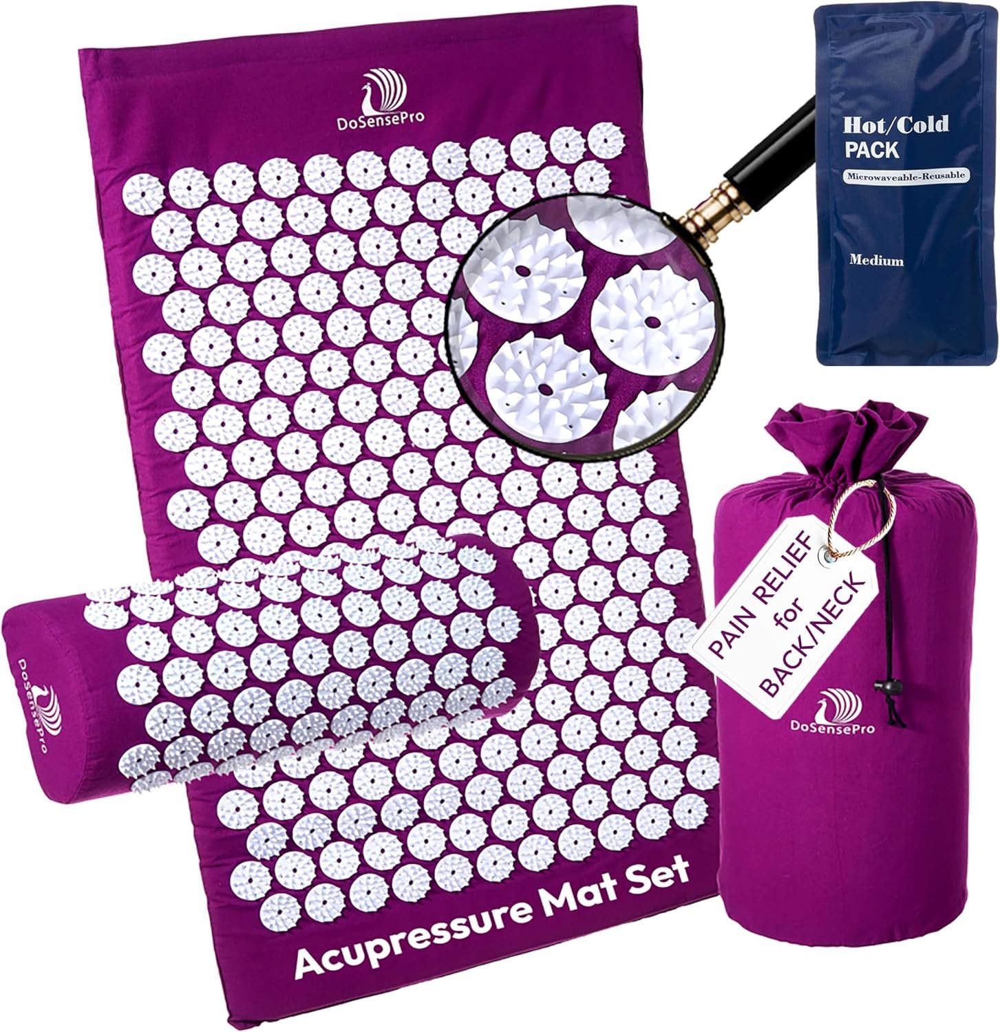 Acupressure Mat & Pillow Set – Extra-Long 29” Acupressure Therapy for Back & Neck Pain Relief, Sciatica, Stress Relief & Sleep Support Includes Carry Bag & Hot/Cold Pack (Purple)
