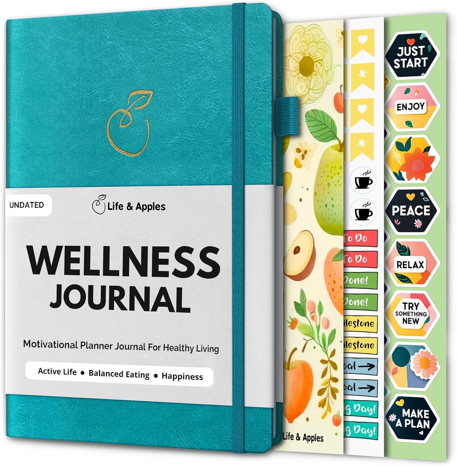Life & Apples Wellness Journal for Women and Men – Undated Daily Journal, Food Log, Meal Planner, Fitness Tracker, Habit Tracker, Gratitude Diary, and Health Goals Notebook – A5 Planner, Aquamarine