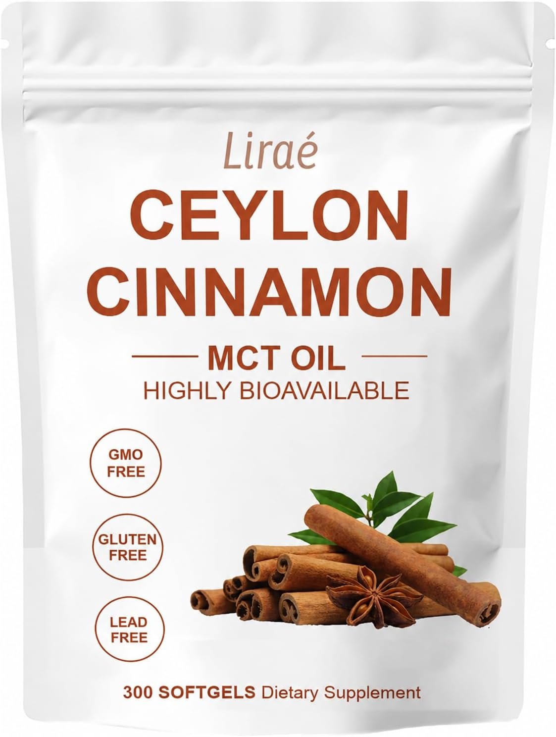 LIRAE Ceylon Cinnamon SoftGels with MCT Oil, Highly Bioavailable Herbal Extract, Non-GMO, Gluten Free – 300 Softgels (1)