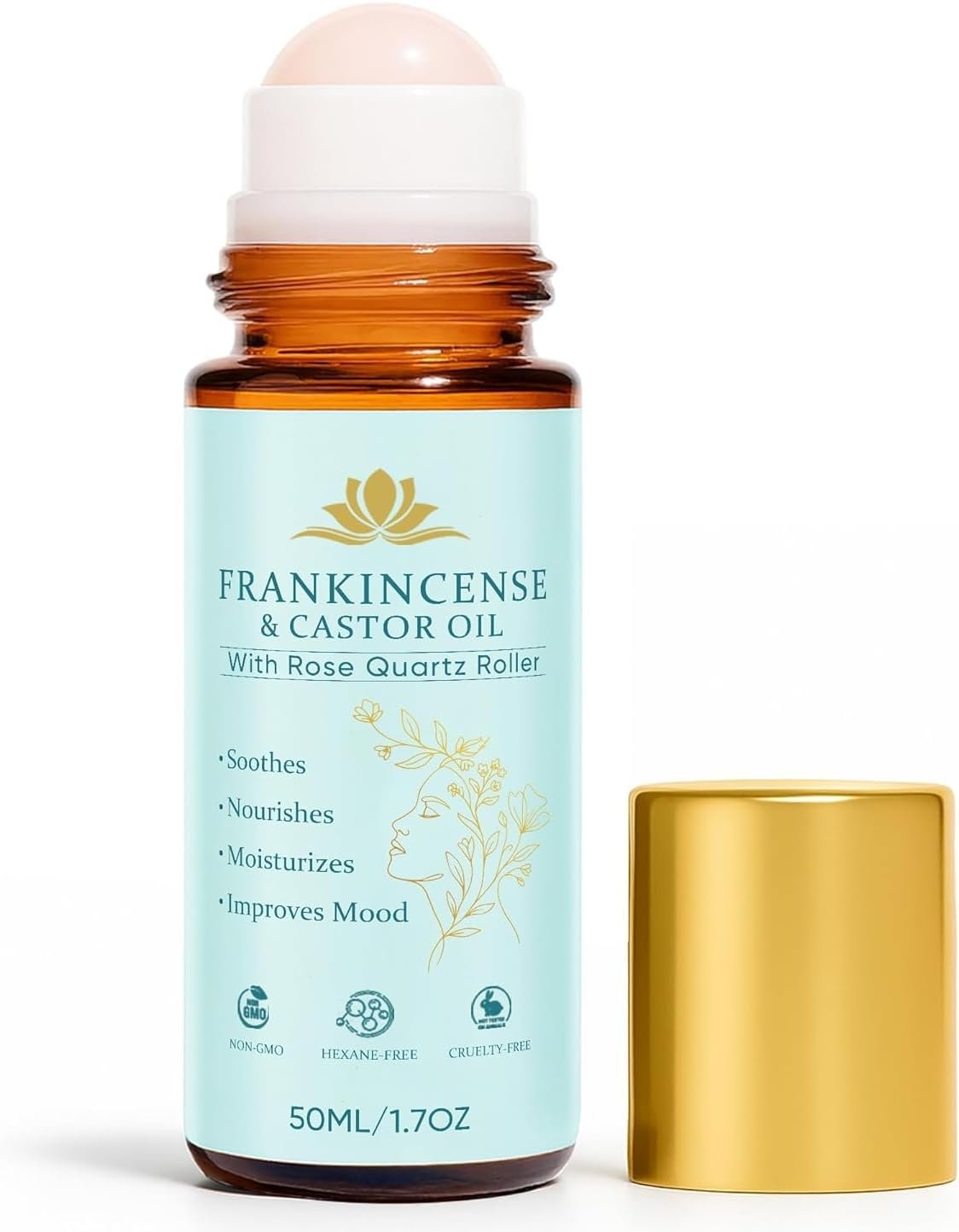 Frankincense and Castor Oil, Organic Castor Oil Rose Quartz Roller Ball, 100% Pure, Organic, Cold-Pressed, Firms Skin, Reduces Fine Lines, Suitable for Face, Neck, Abdomen(50ML/1.7OZ)