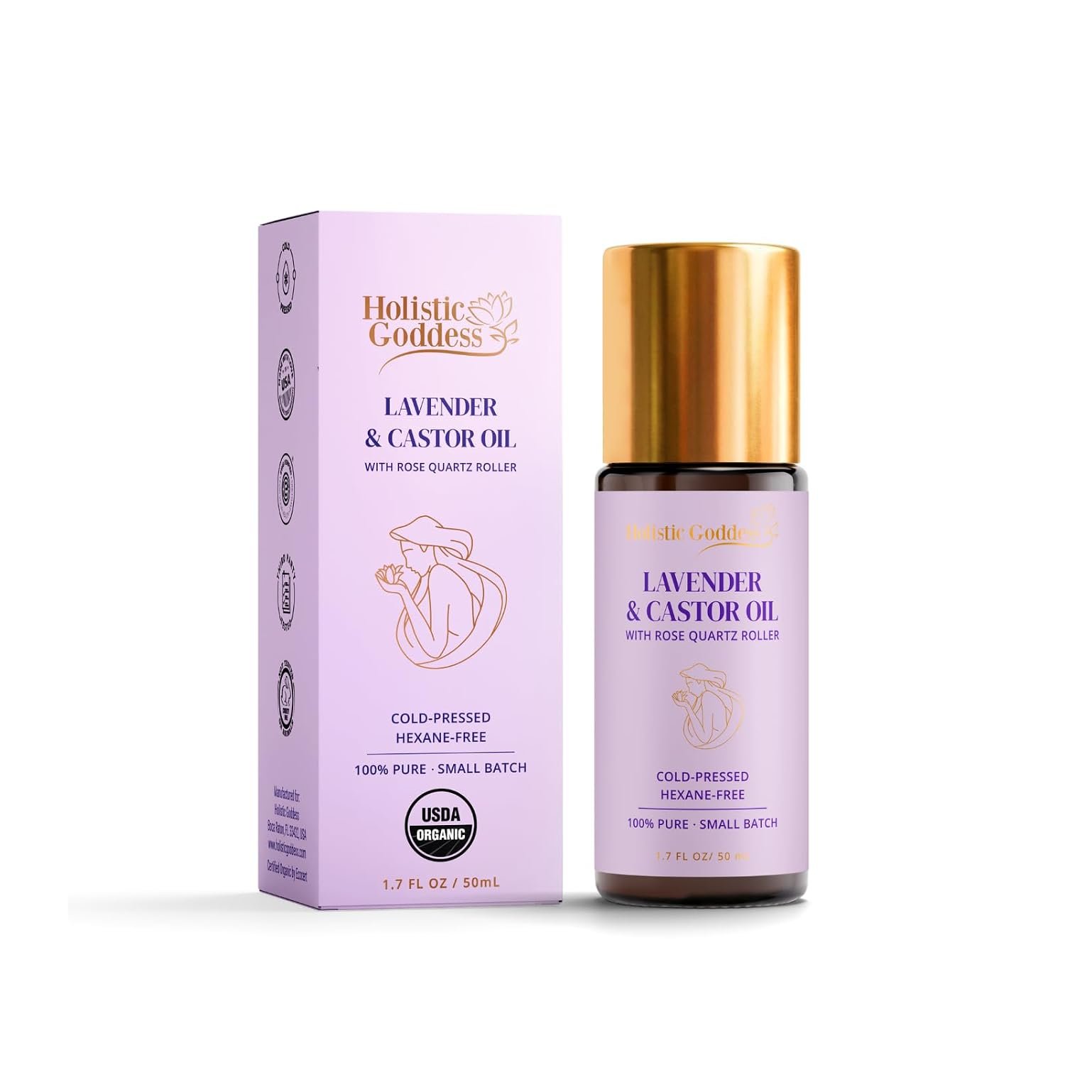 Holistic Goddess Organic Lavender & Castor Oil Roll-On with Rose Quartz Roller – Calming Night Ritual Oil for Stressed Skin & Visible Redness, 1.7 fl oz (50ml)