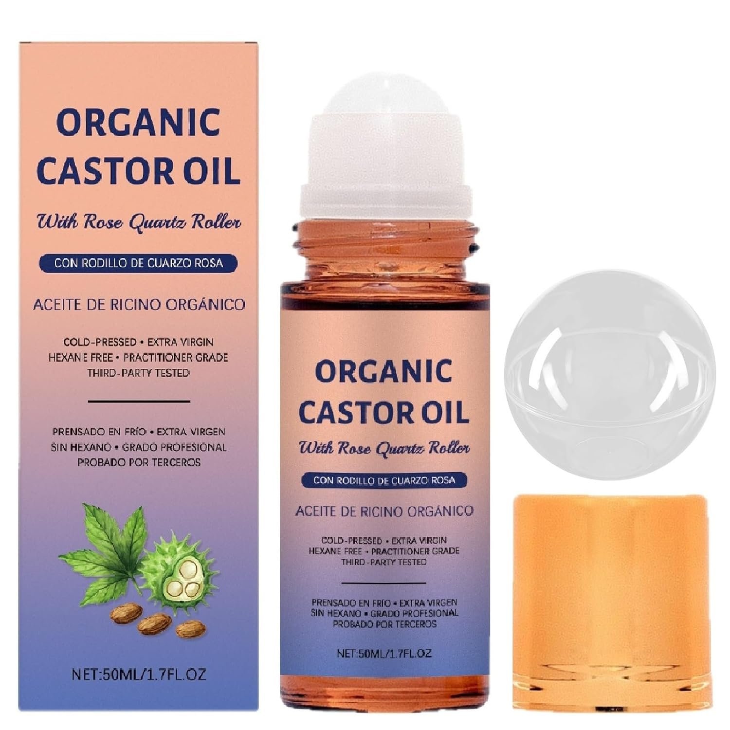 Organic Castor Oil with Rose Quartz Roller Ball,100% Pure Cold-Pressed Natural Formula for Skin & Hair Care, Deeply Hydrates,Reduces Fine Lines,Hexane-Free. 1.7oz (1Pcs)
