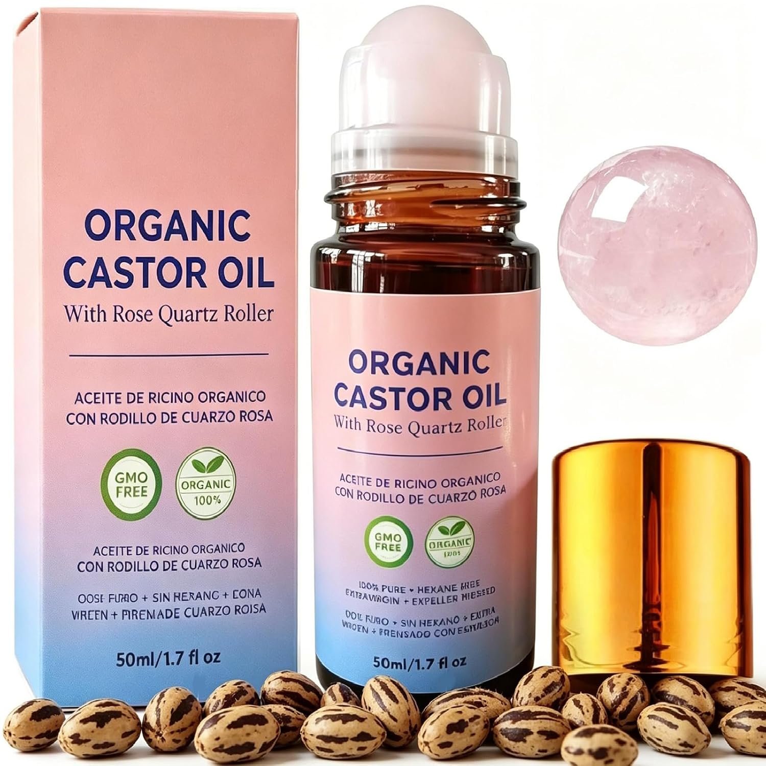 Organic Castor Oil with Rose Quartz Roller, 100% Pure Cold-Pressed Formula for Skin Moisturizing & Hair Care, Hexane-Free. 1.7 Fl Oz (1Pcs)