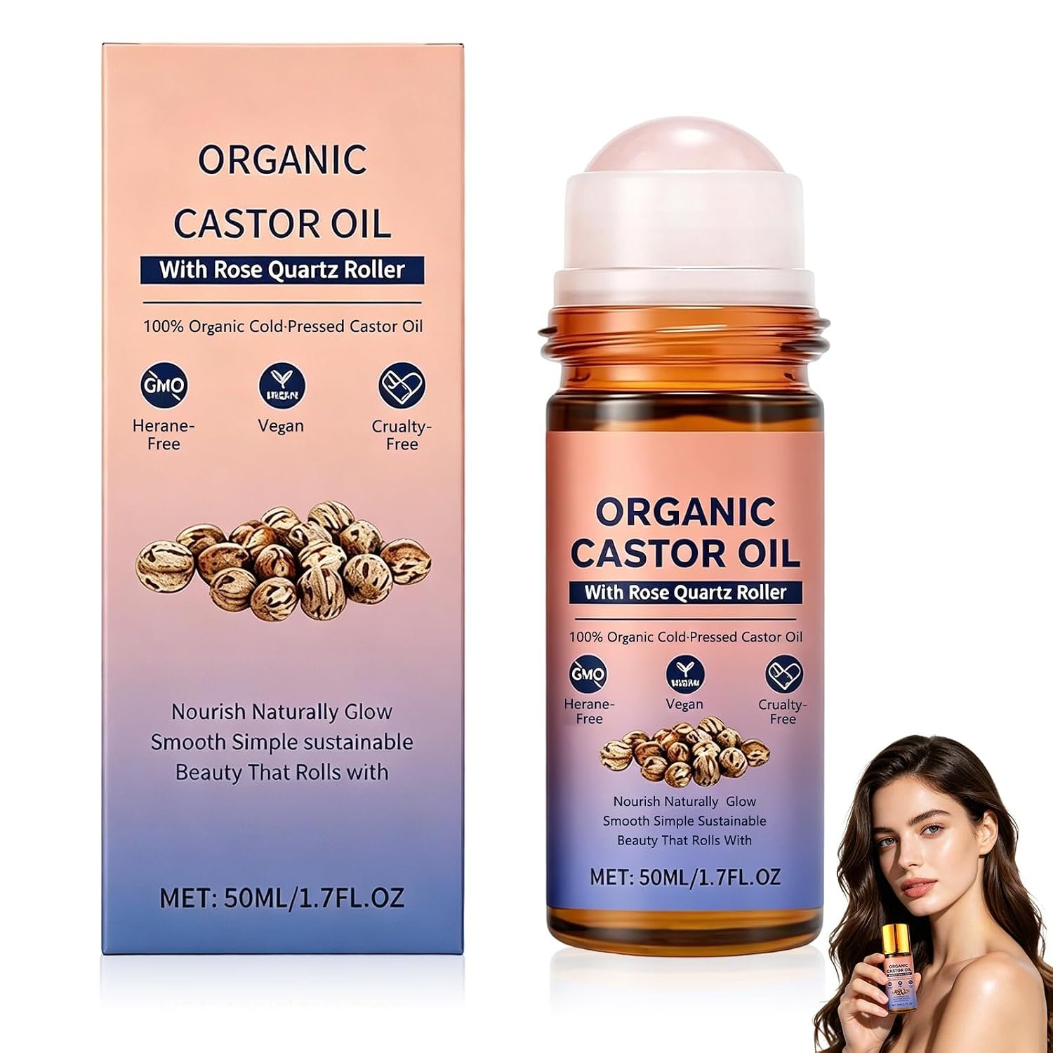Organic Castor Oil Roll On with Rose Quartz Roller, Castor Oil Organic Cold Pressed,for Face & Body, Skin & Hair Moisturizer